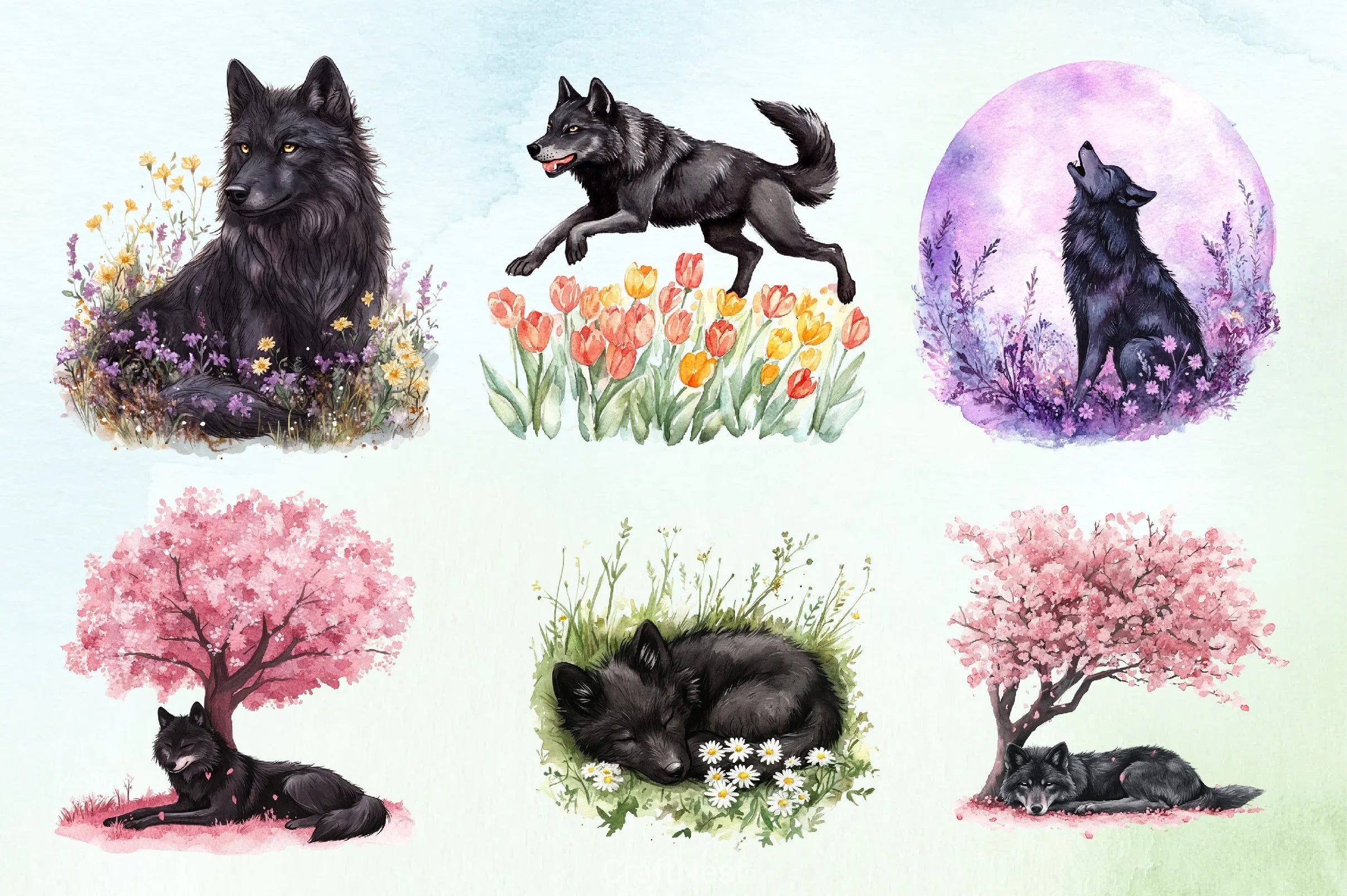 Spring Black Wolf Clipart Bundle - CraftNest - Digital Crafting and Art