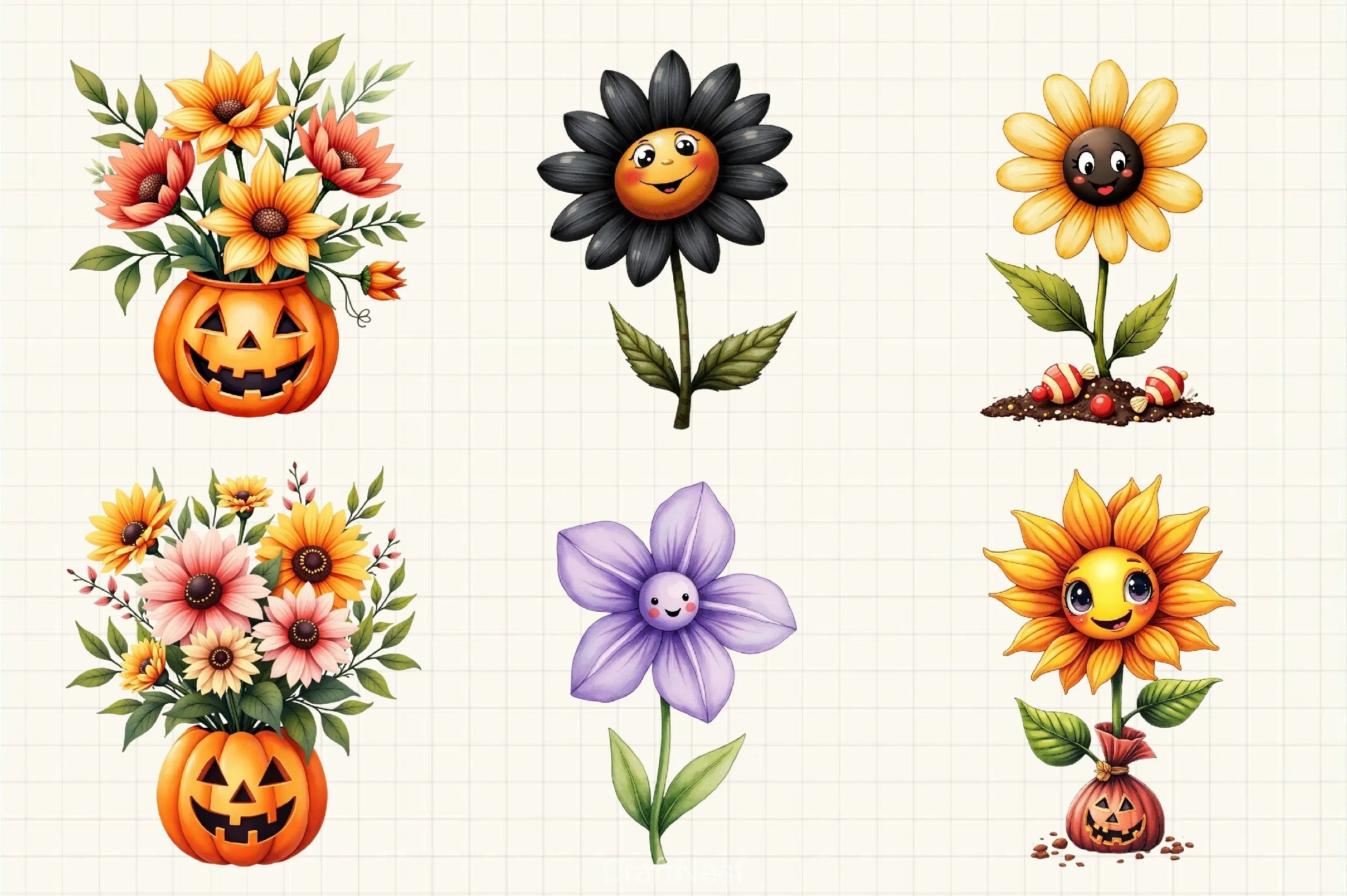 Cute Halloween Flowers Clipart Bundle - CraftNest - Digital Crafting and Art