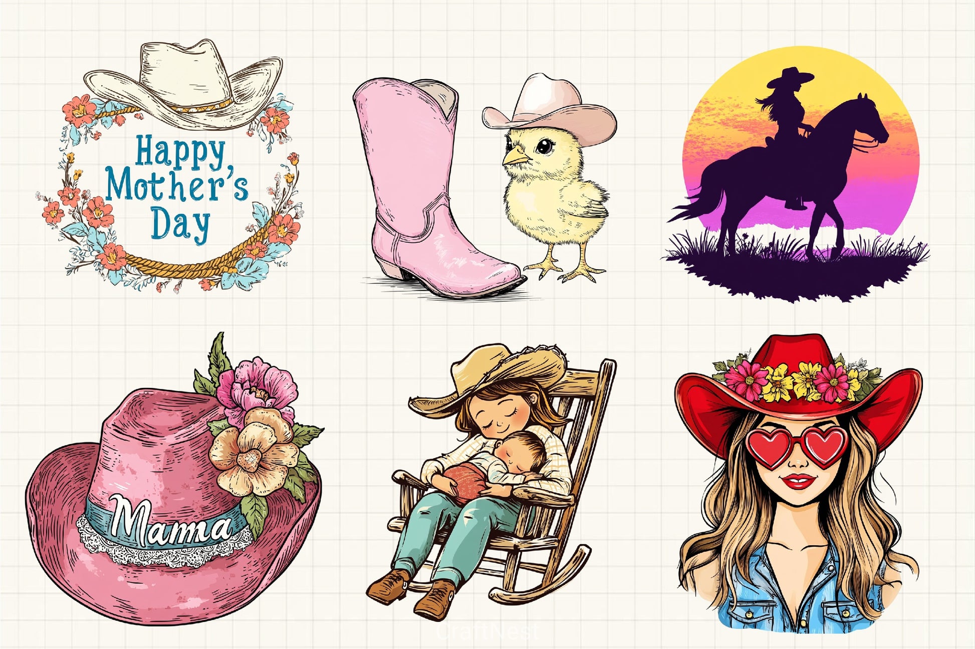 Western Mothers Day Cowgirl Clipart Bundle - CraftNest - Digital Crafting and Art