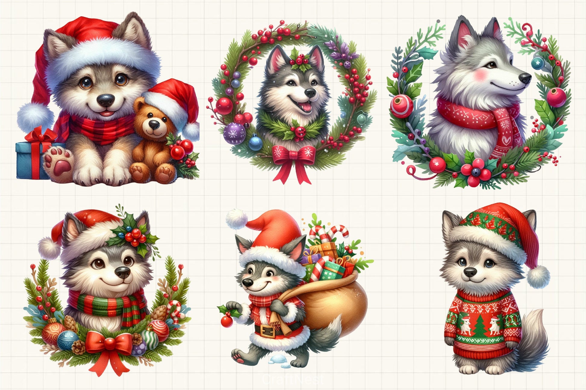 Funny Christmas Wolf Clipart Bundle - CraftNest - Digital Crafting and Art
