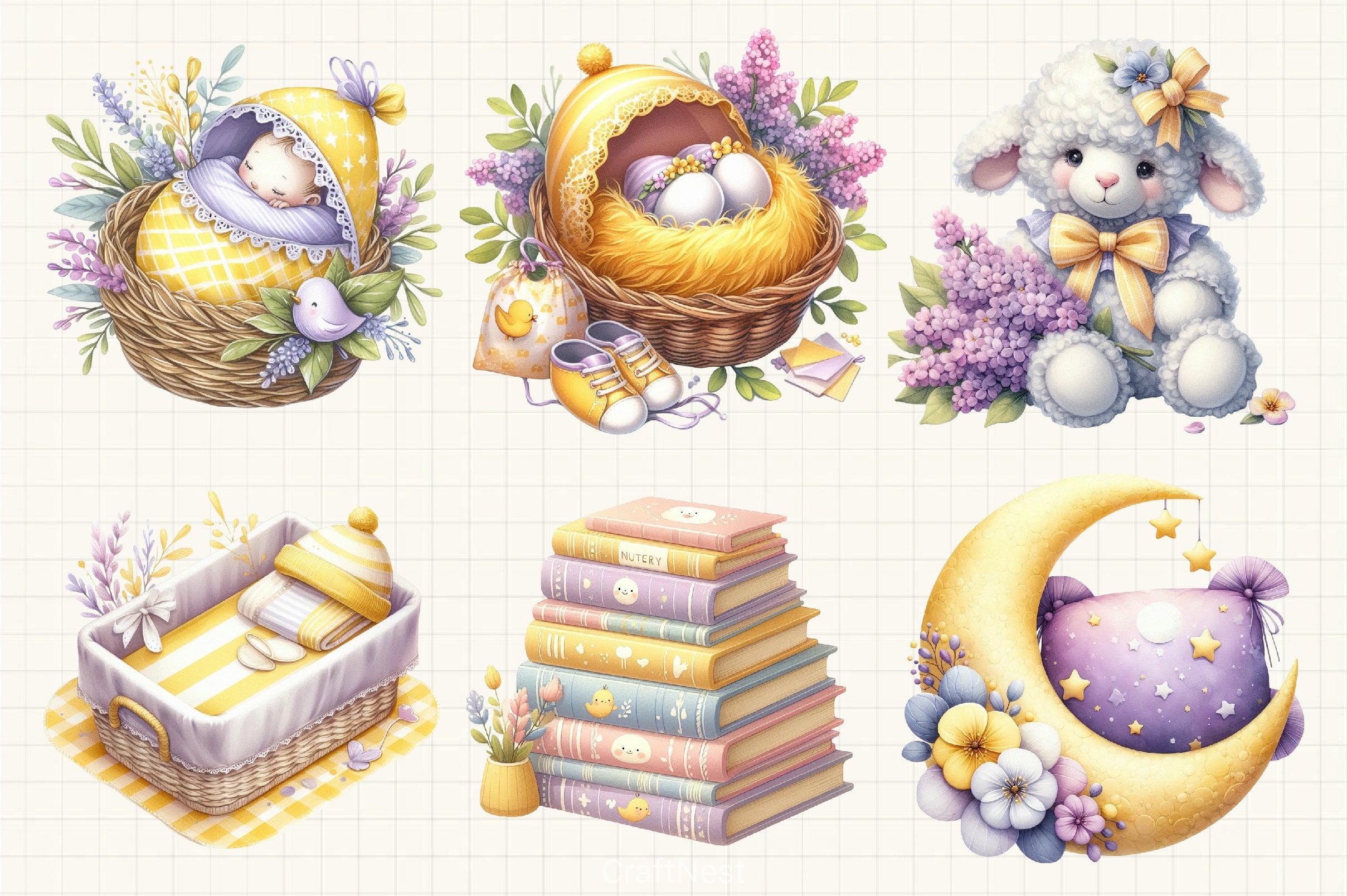 Yellow Lilac Baby Nursery Clipart Bundle - CraftNest - Digital Crafting and Art