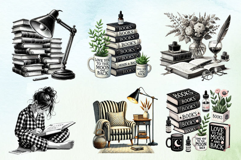 Black & White Reading Day Clipart Bundle - CraftNest - Digital Crafting and Art