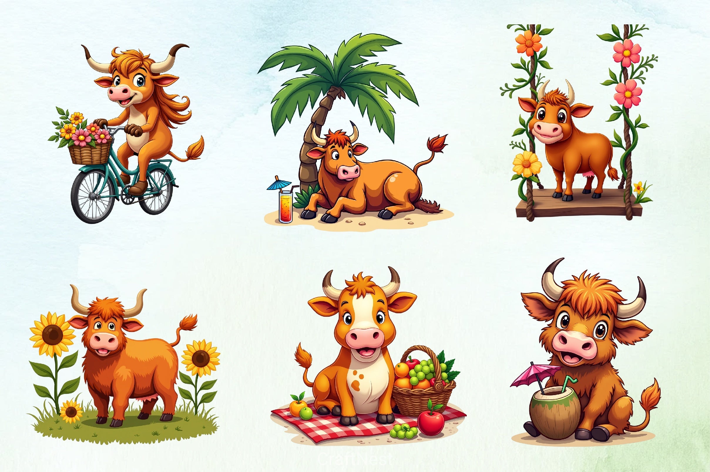 Summer Highland Cow Clipart Bundle 6 - CraftNest - Digital Crafting and Art