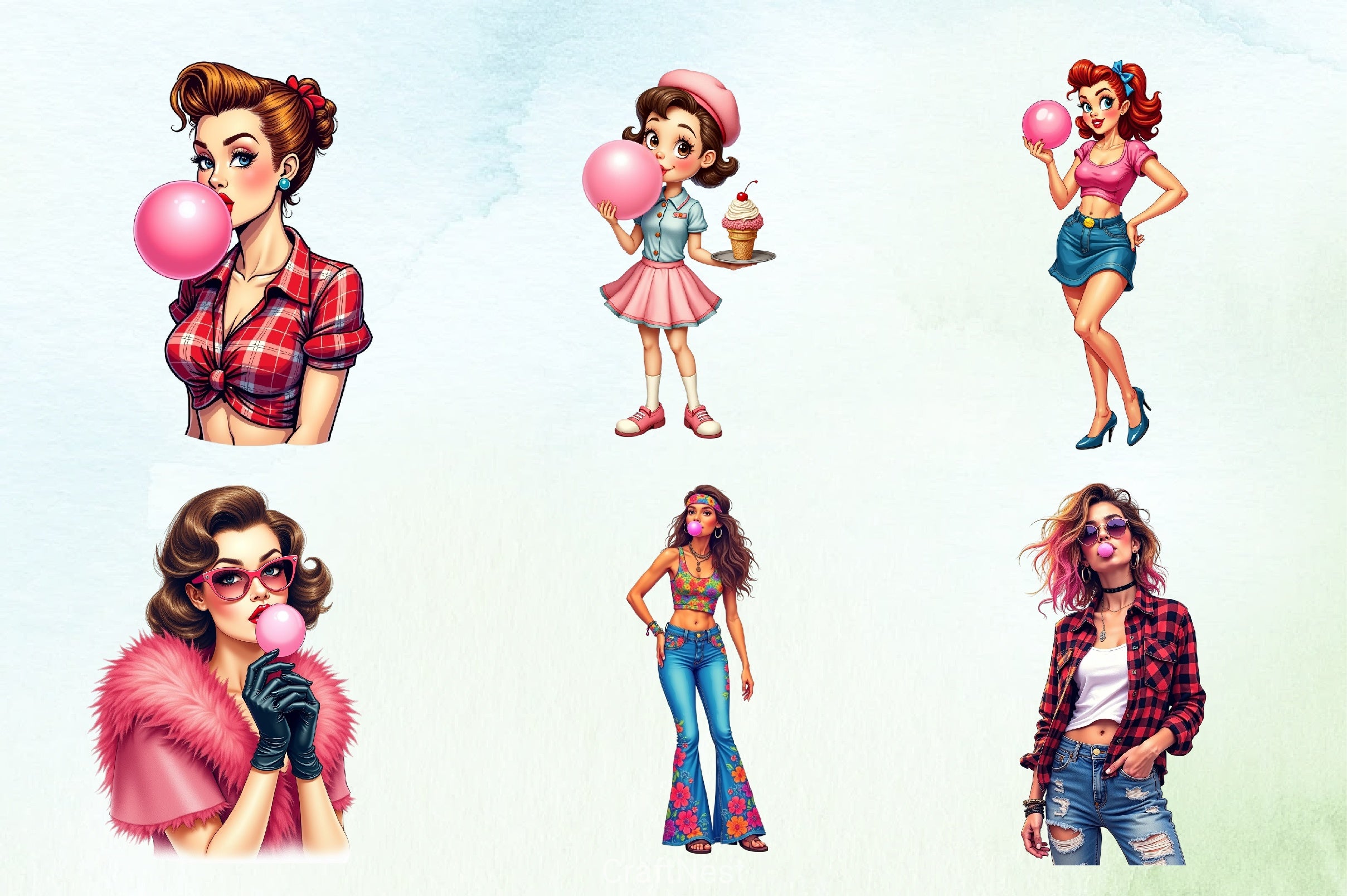 Retro Girl Bubblegum Clipart Bundle 34 - CraftNest - Digital Crafting and Art