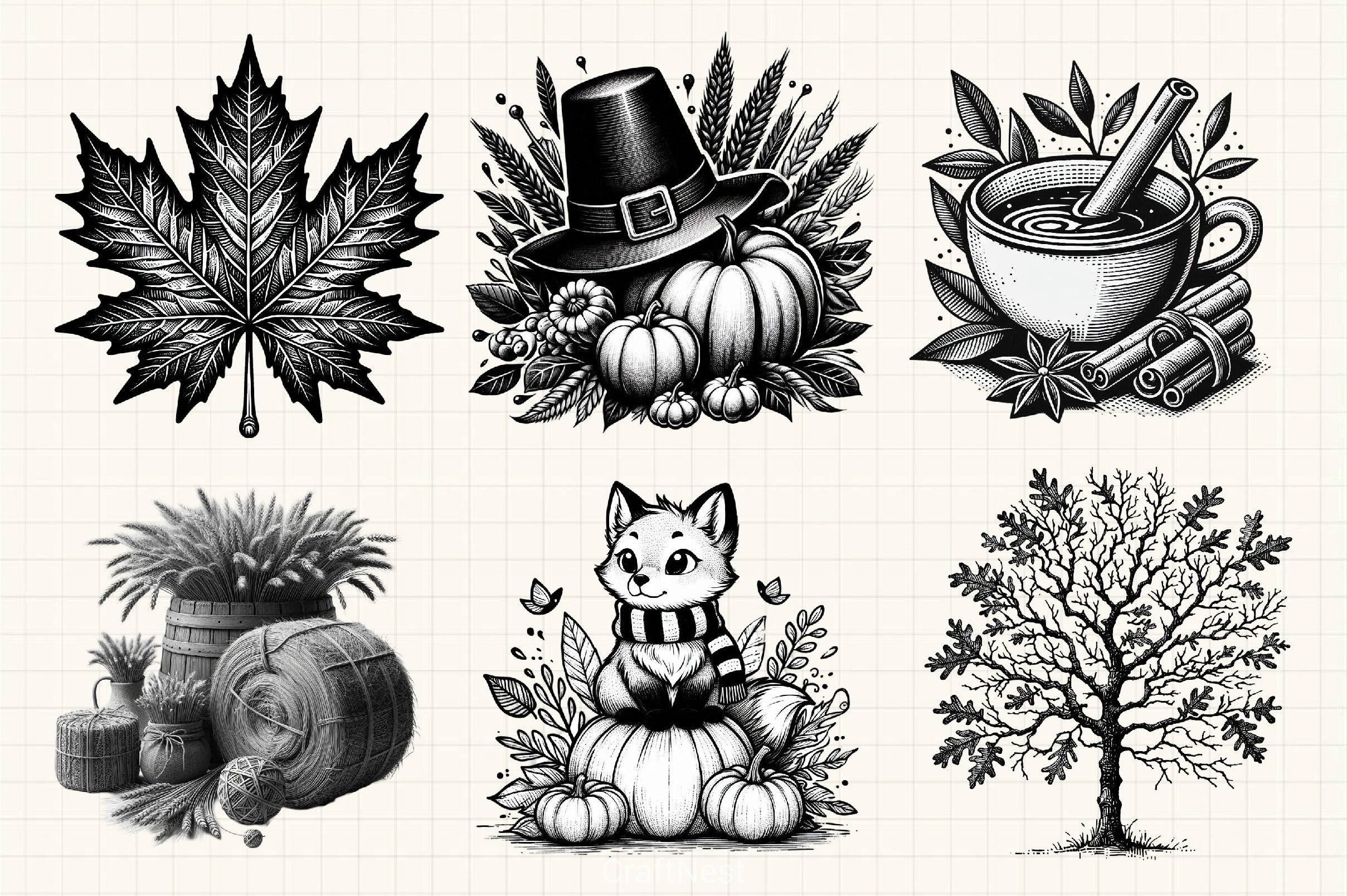 Black & White Autumn Clipart Bundle 5 - CraftNest - Digital Crafting and Art