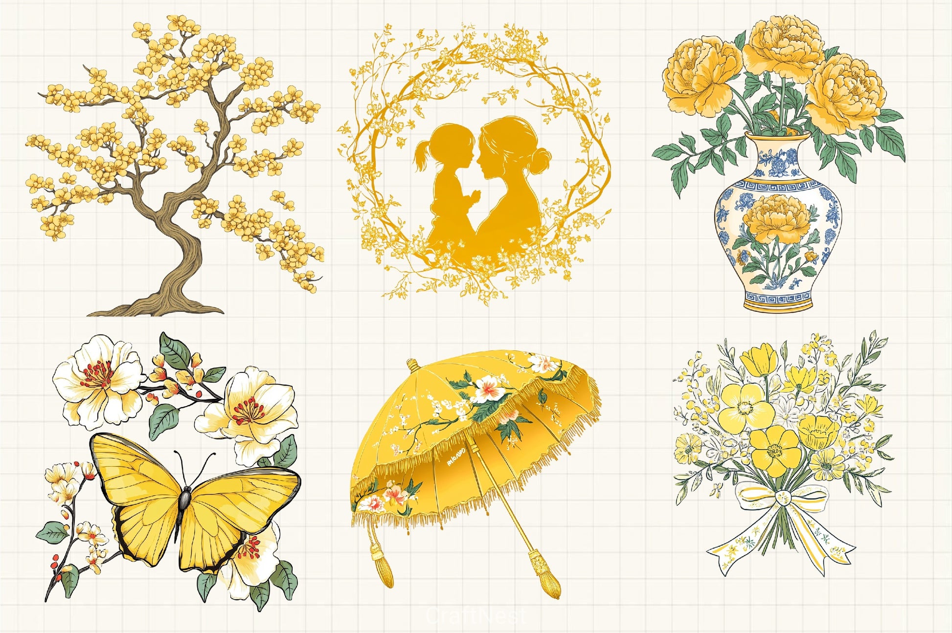 Yellow Chinoiserie Mother's Day Clipart Bundle - CraftNest - Digital Crafting and Art