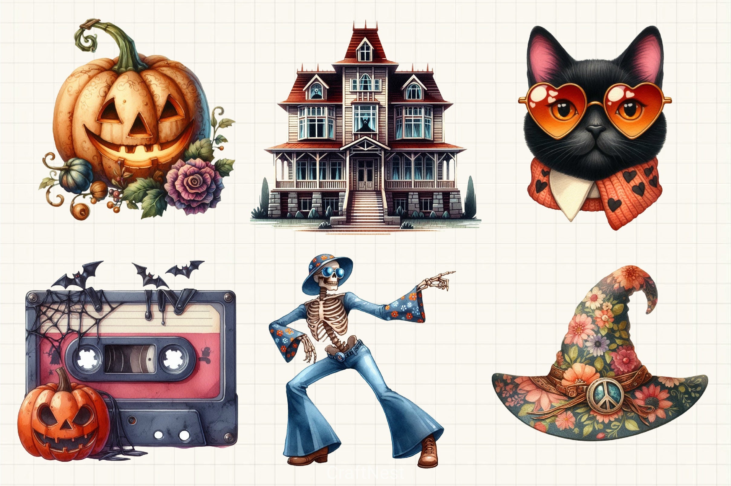 Retro Fall Halloween Clipart Bundle 1 - CraftNest - Digital Crafting and Art