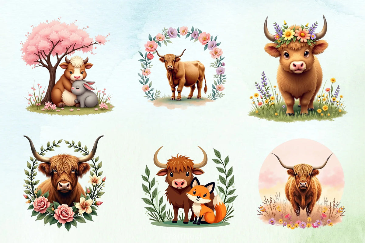 Spring Cow Drawings Spring Highland Cow Clipart Bundle