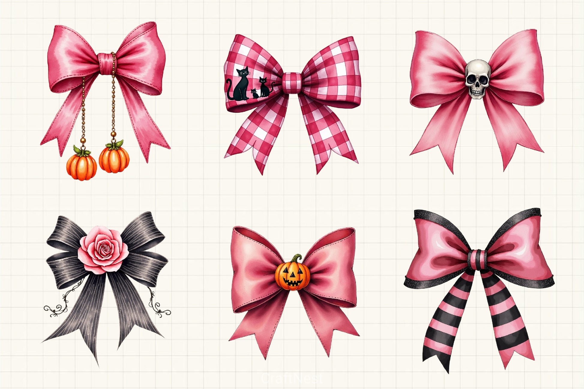 Charm Pink Halloween Bow Clipart Bundle - CraftNest - Digital Crafting and Art