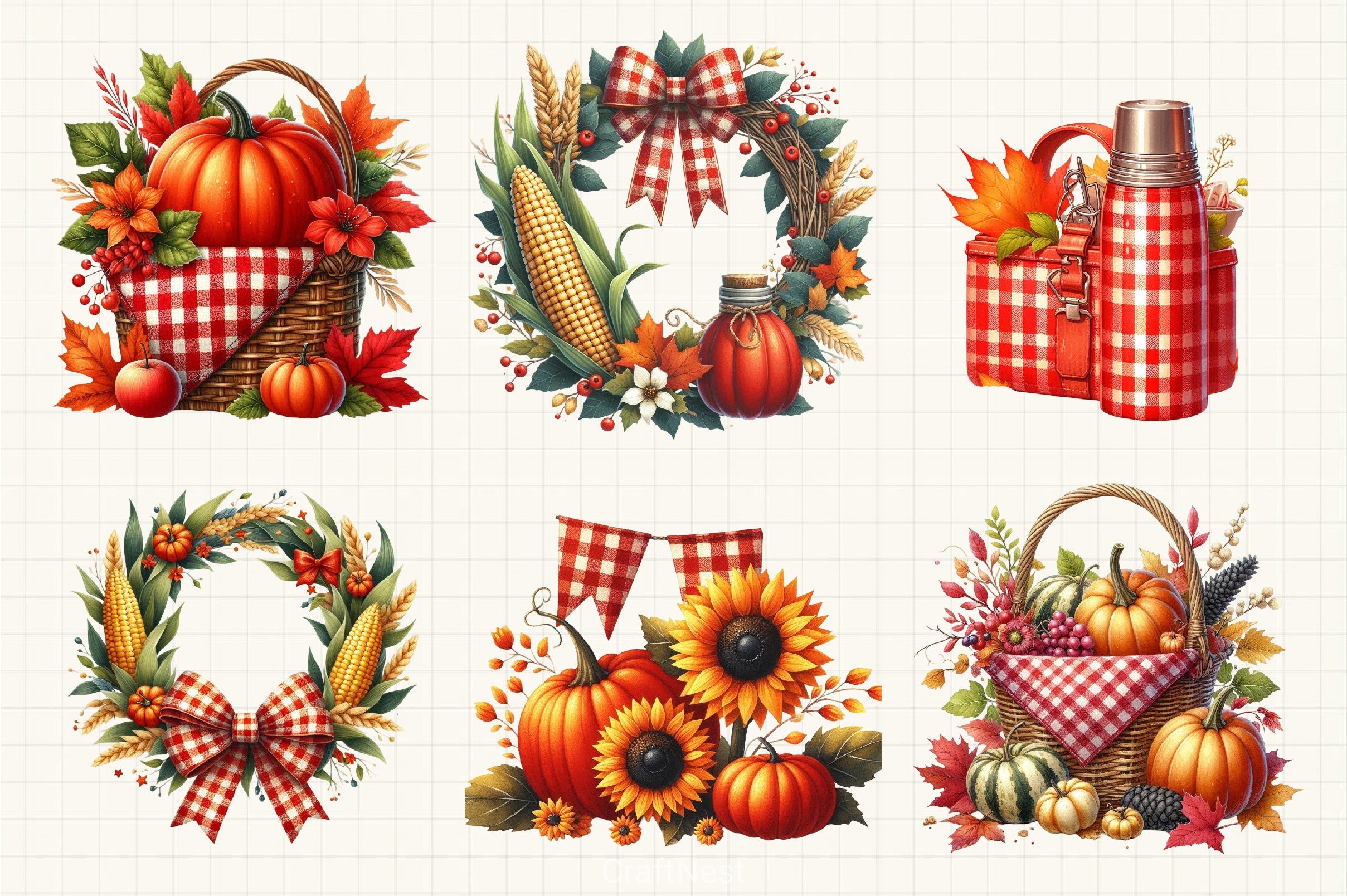 Red Gingham Autumn Clipart Bundle - CraftNest - Digital Crafting and Art