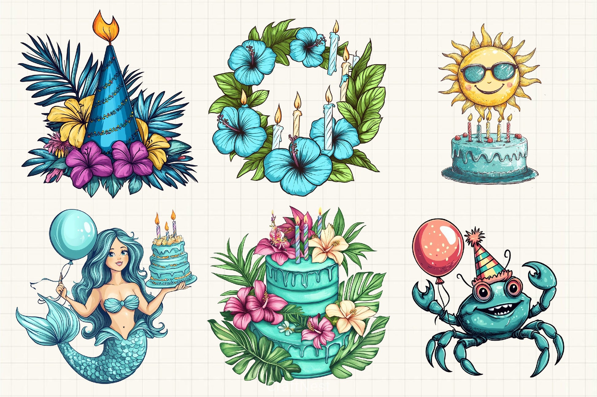 Tropical Turquoise Birthday Clipart Bundle - CraftNest - Digital Crafting and Art
