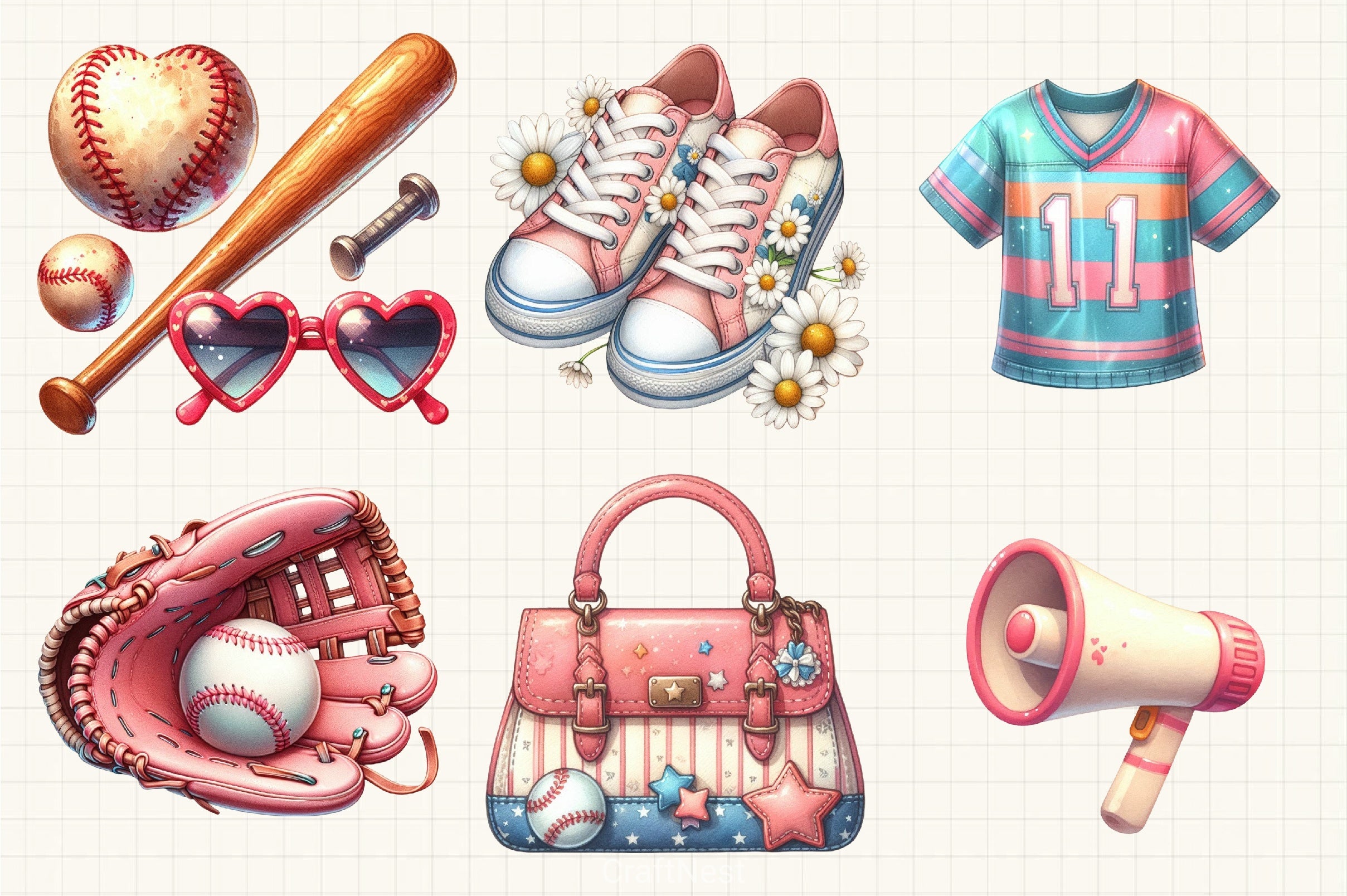 Retro Girly Baseball Clipart Bundle - CraftNest - Digital Crafting and Art