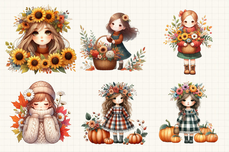 Girls Fall Flowers Clipart Bundle - CraftNest - Digital Crafting and Art