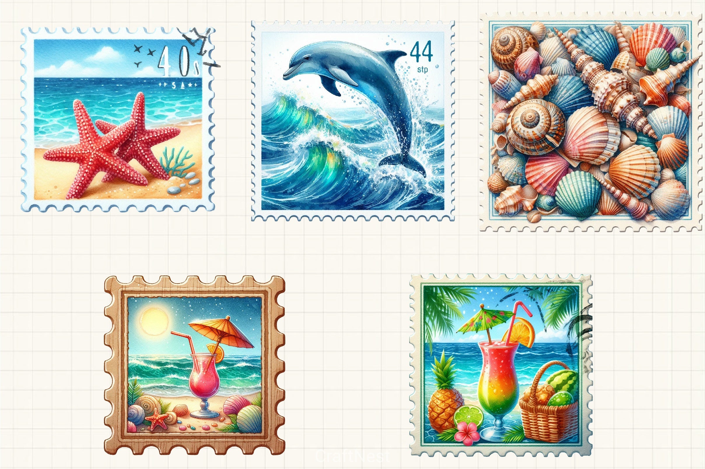 Summer Coastal Stamp Clipart Bundle - CraftNest - Digital Crafting and Art