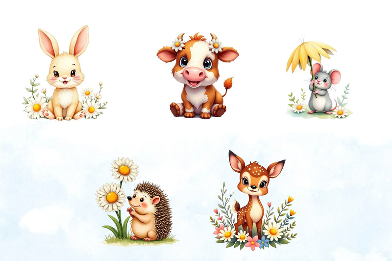 Cute Animals & Daisy Flowers Clipart Bundle - CraftNest - Digital Crafting and Art