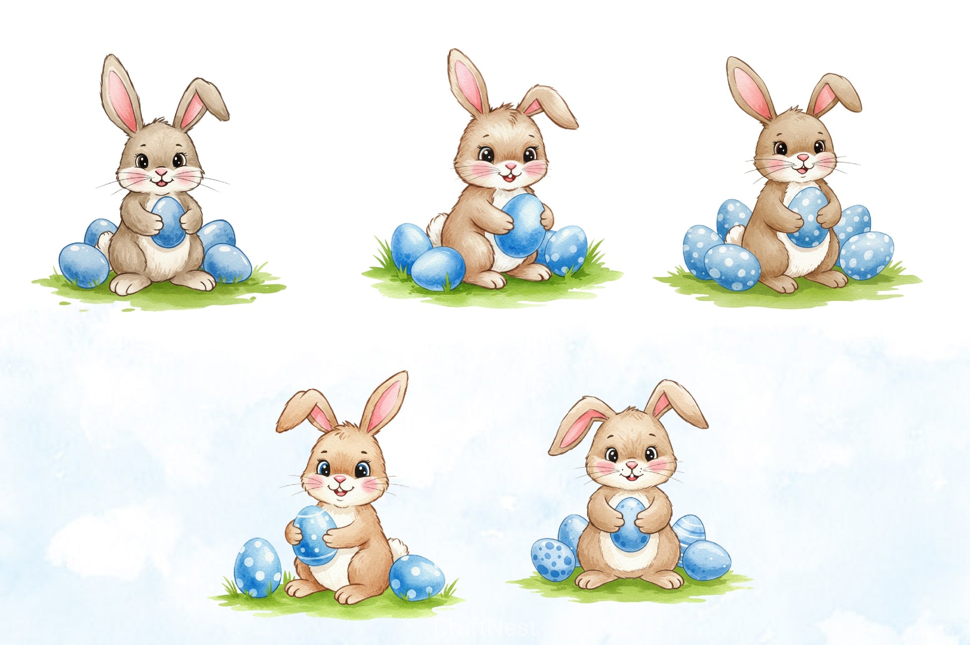 Blue Floral Easter Bunny Clipart Bundle - CraftNest - Digital Crafting and Art