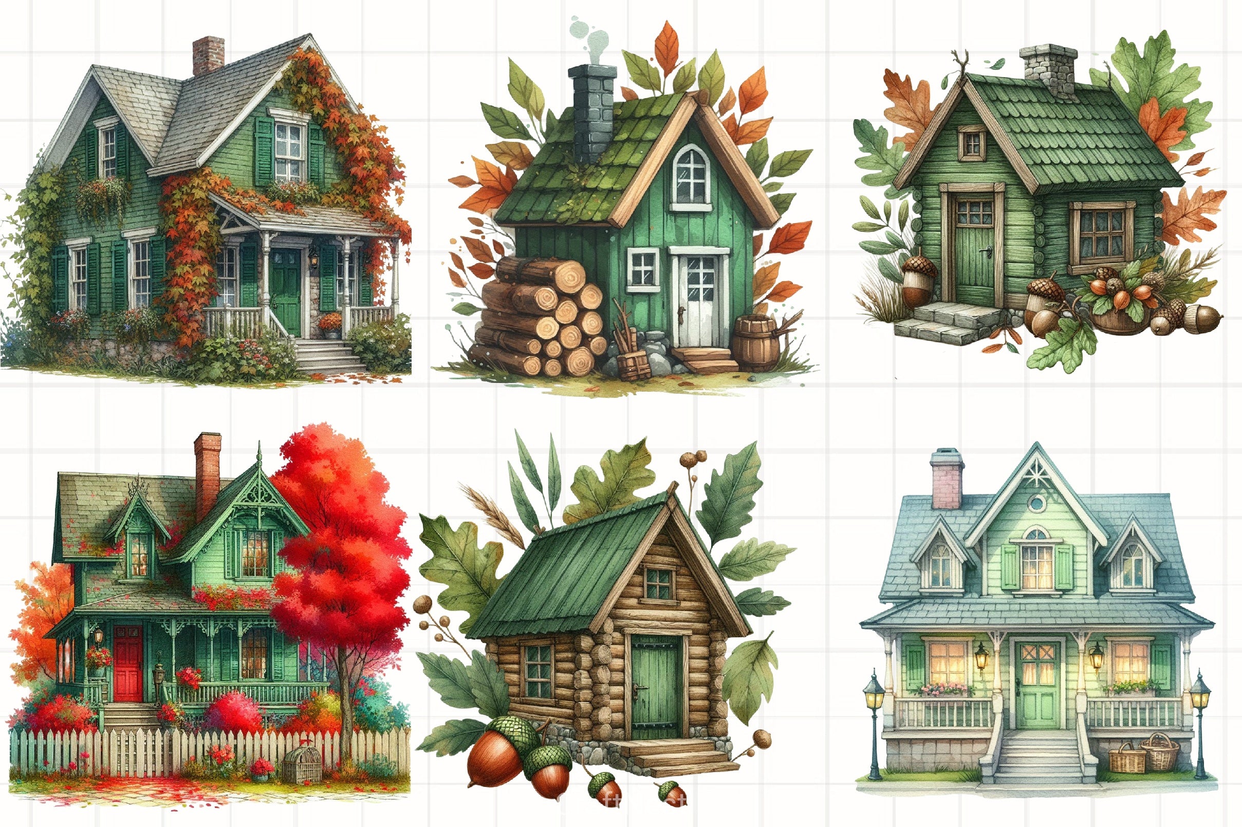 Green Autumn Cottage Clipart Bundle - CraftNest - Digital Crafting and Art