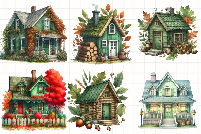 Green Autumn Cottage Clipart Bundle - CraftNest - Digital Crafting and Art
