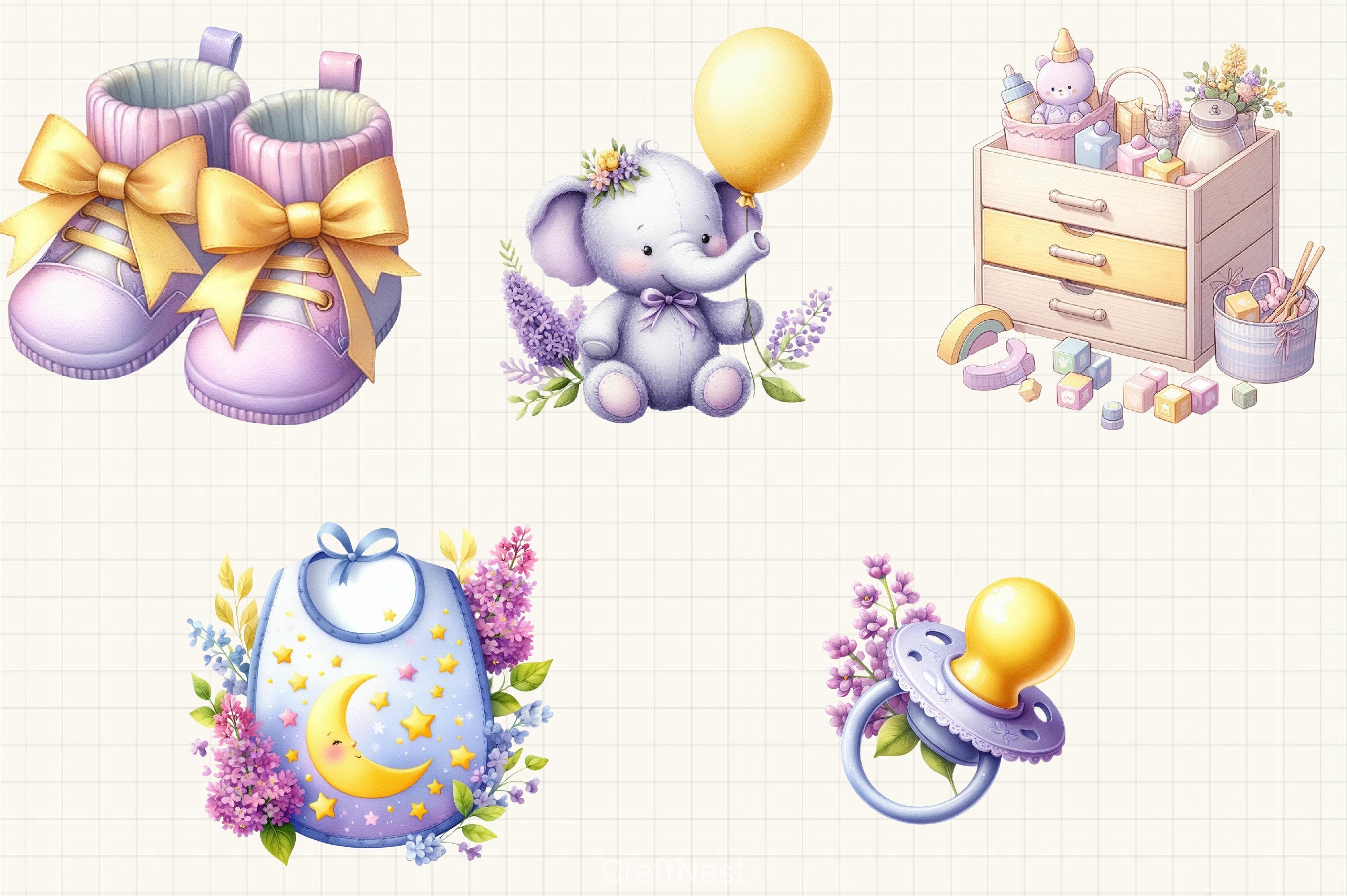 Yellow Lilac Baby Nursery Clipart Bundle - CraftNest - Digital Crafting and Art
