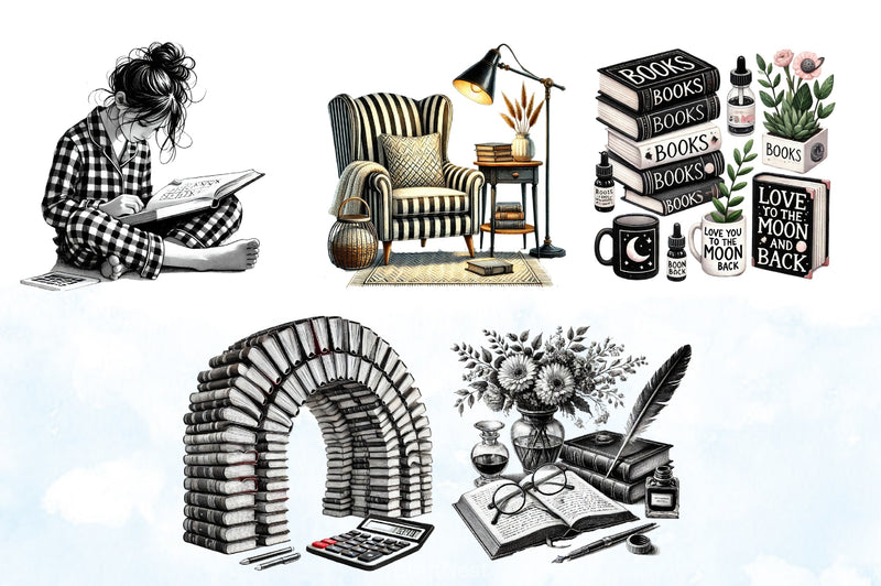 Black & White Reading Day Clipart Bundle - CraftNest - Digital Crafting and Art