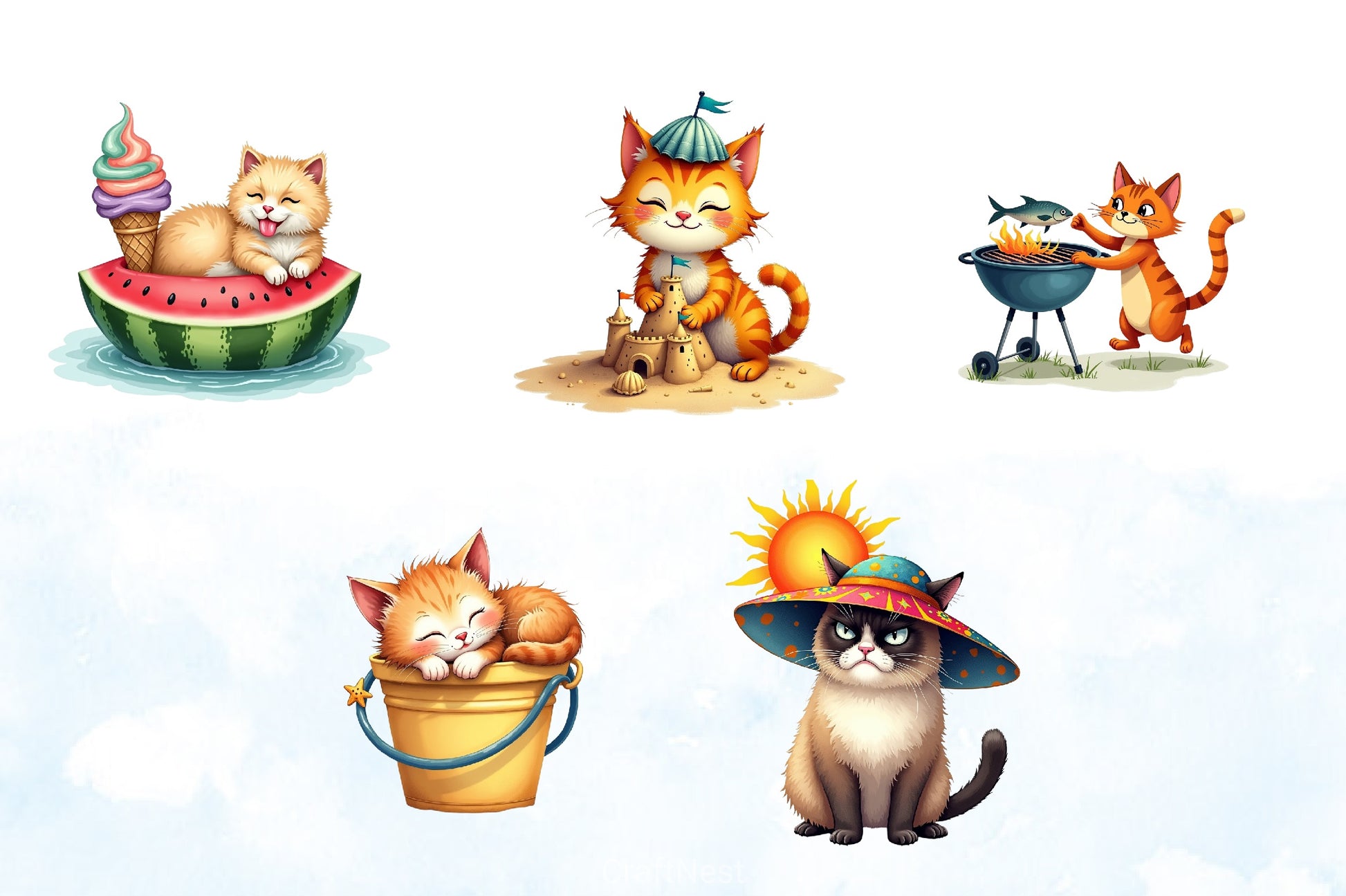 Funny Summer Cats Clipart Bundle - CraftNest - Digital Crafting and Art