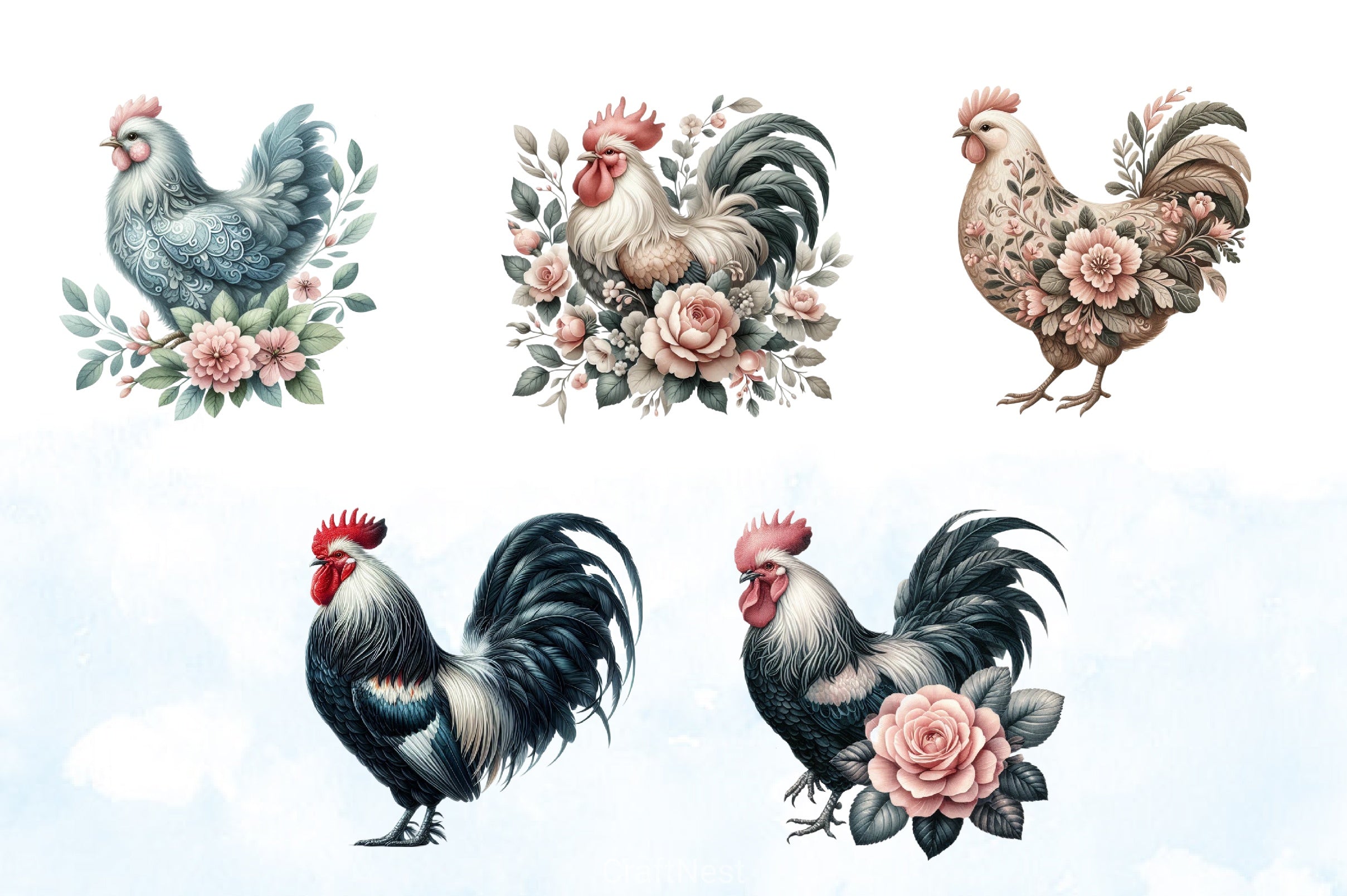 Vintage Spring Floral Chicken Clipart Bundle 3 - CraftNest - Digital Crafting and Art