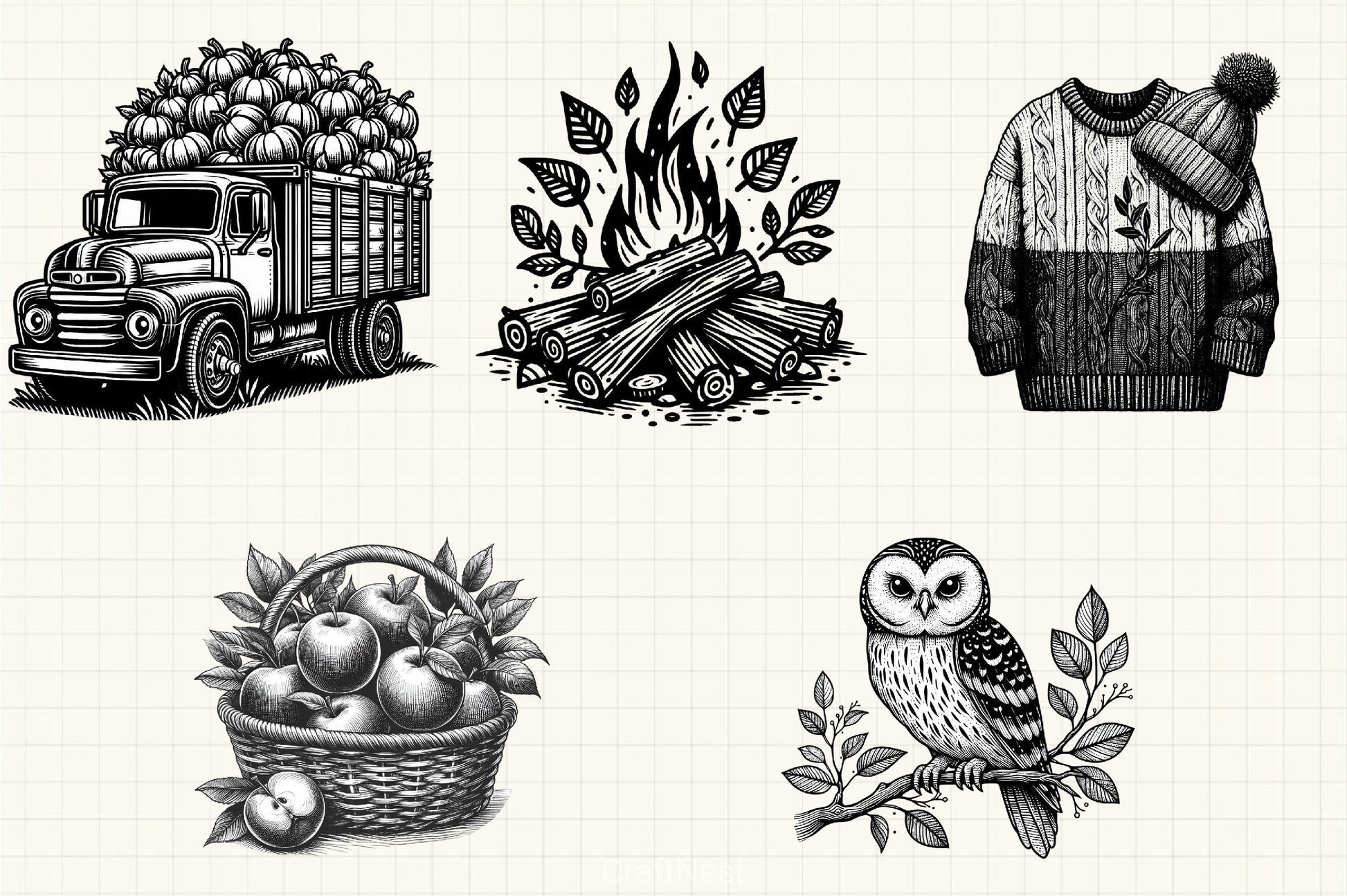 Black & White Autumn Clipart Bundle 5 - CraftNest - Digital Crafting and Art