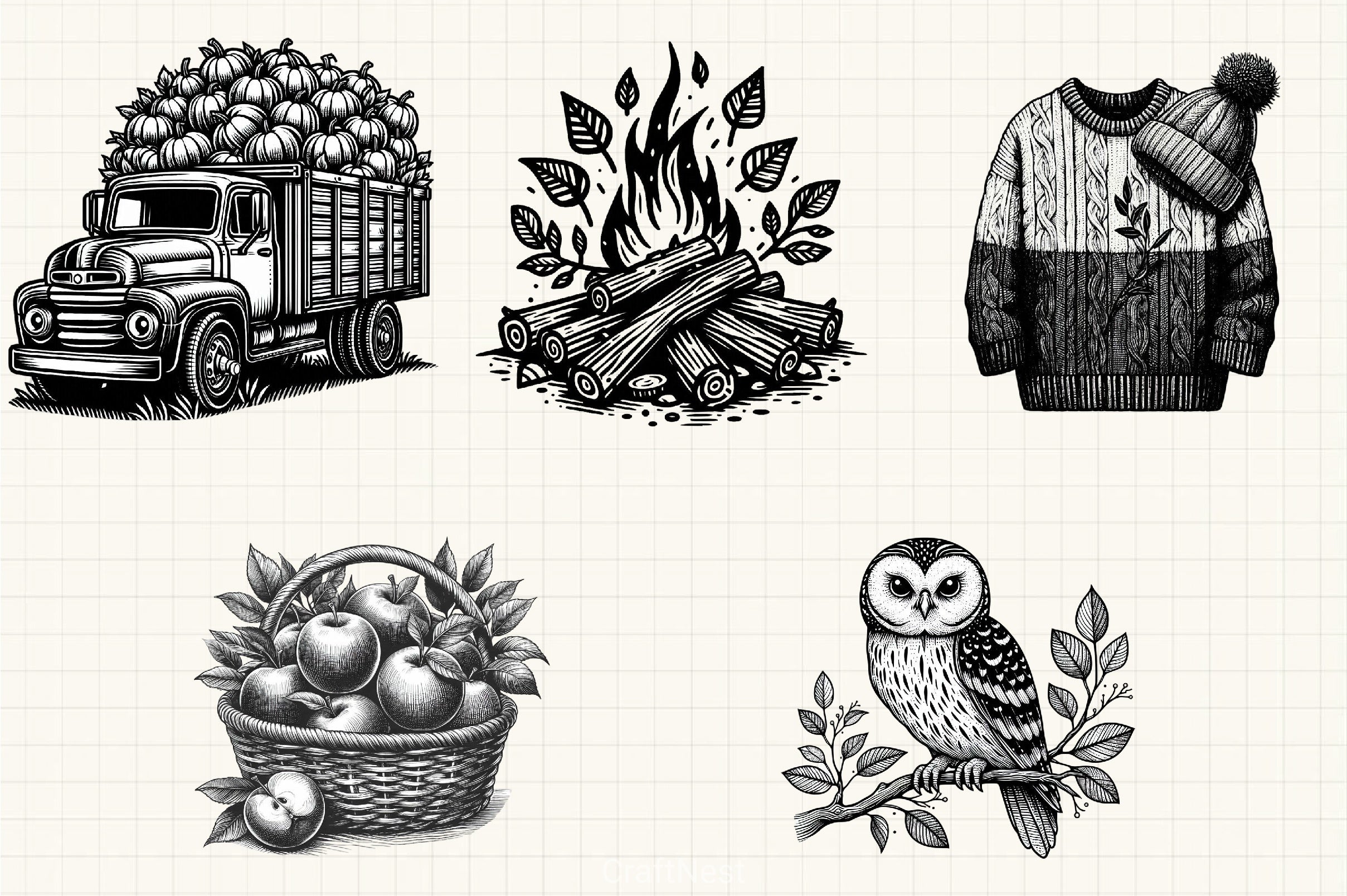 Black & White Autumn Clipart Bundle 5 - CraftNest - Digital Crafting and Art