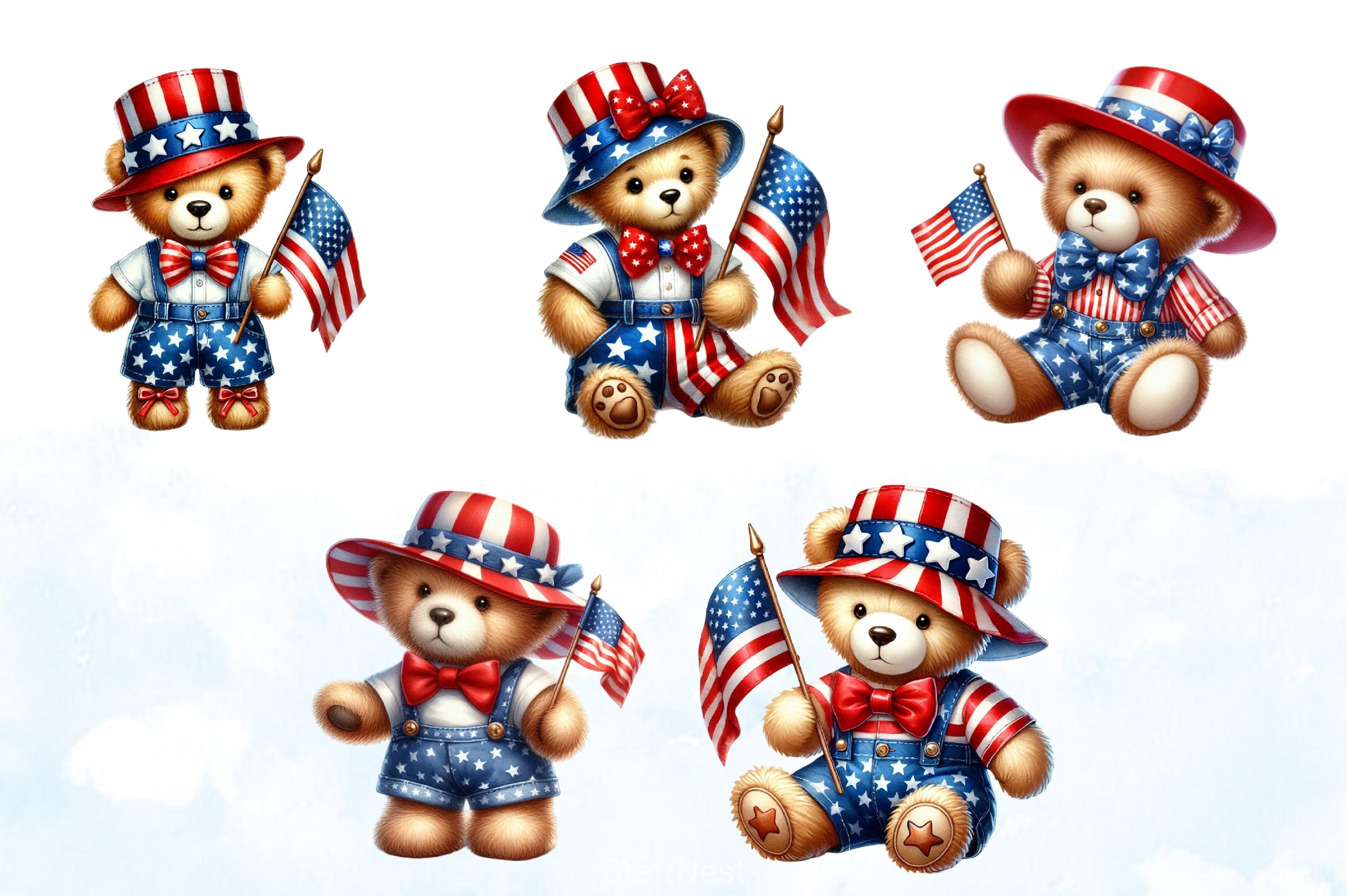 Patriotic 4th of July Teddy Bear Clipart Bundle 1 - CraftNest - Digital Crafting and Art