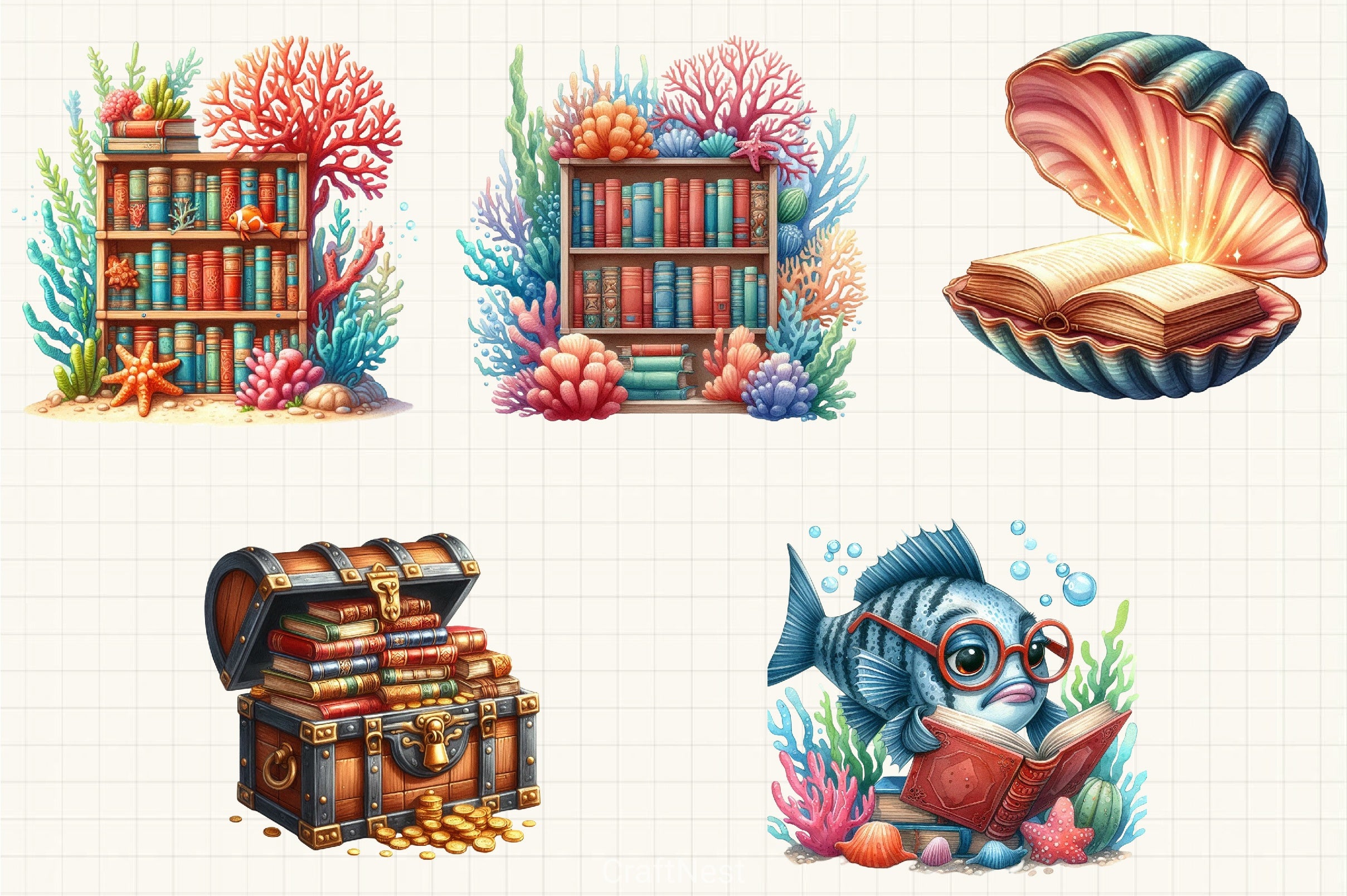 Undersea Reading Clipart Bundle - CraftNest - Digital Crafting and Art