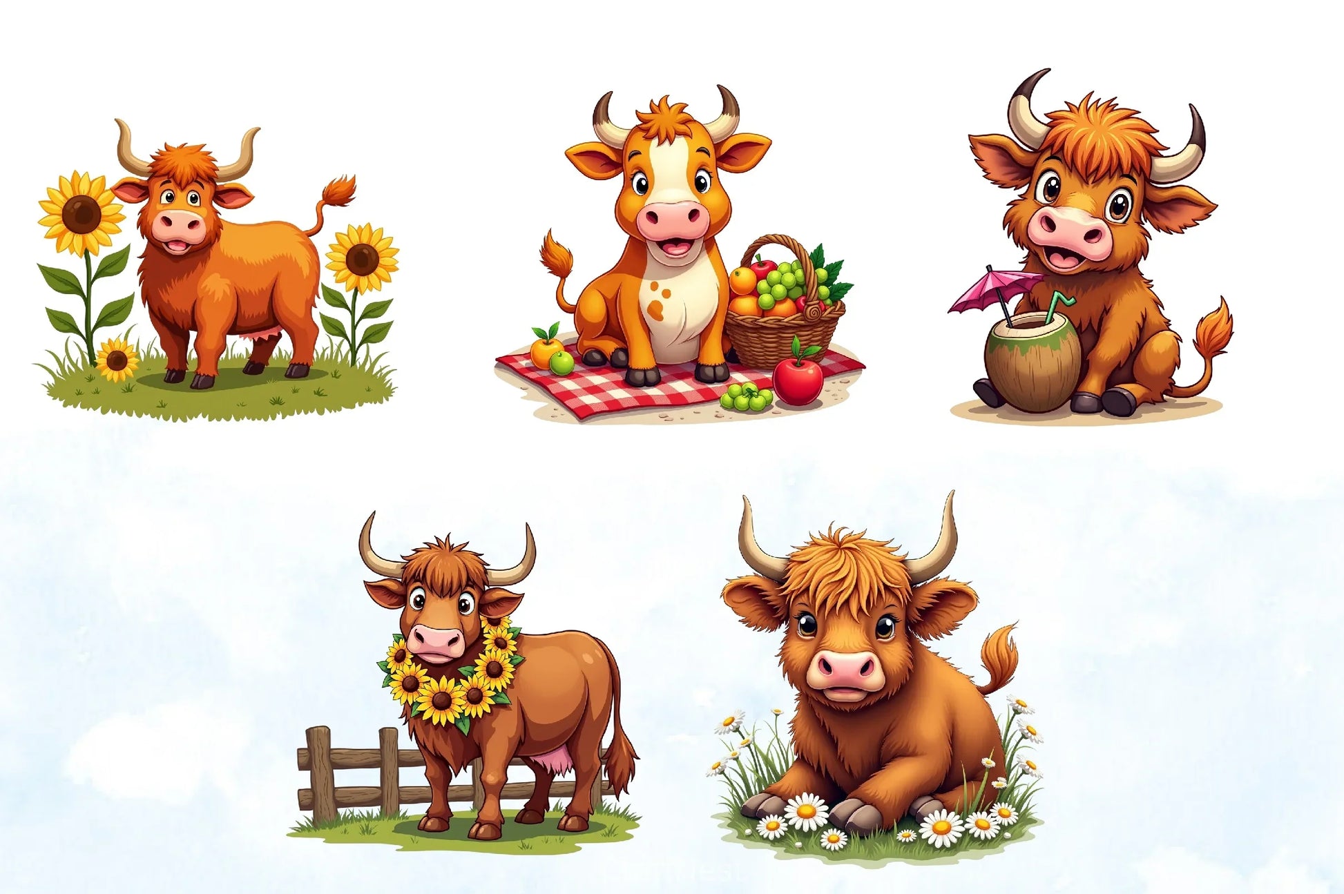 Summer Highland Cow Clipart Bundle 6 - CraftNest - Digital Crafting and Art