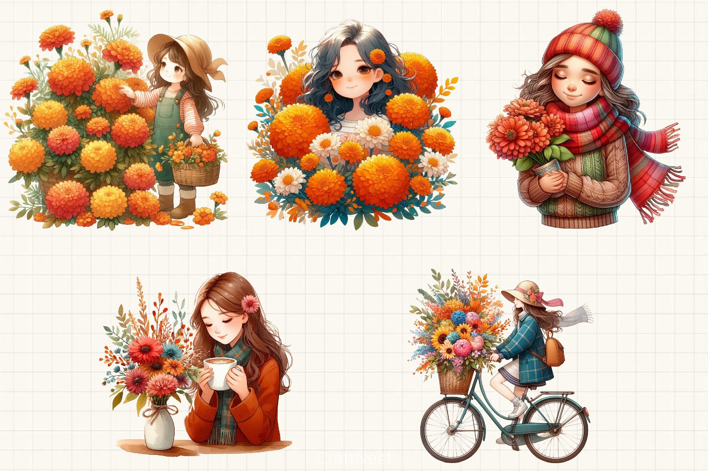 Girls Fall Flowers Clipart Bundle - CraftNest - Digital Crafting and Art
