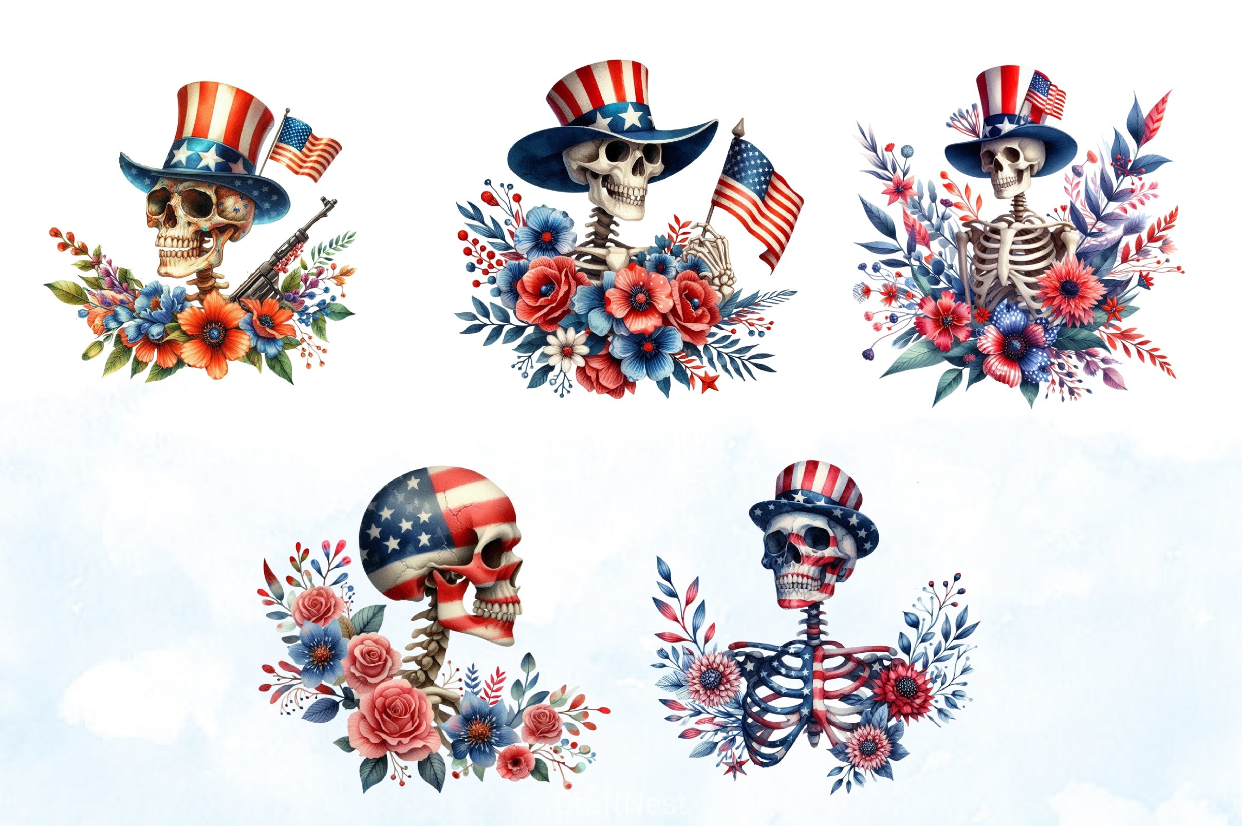 4th of July Skeleton Floral Clipart Bundle 2 - CraftNest - Digital Crafting and Art