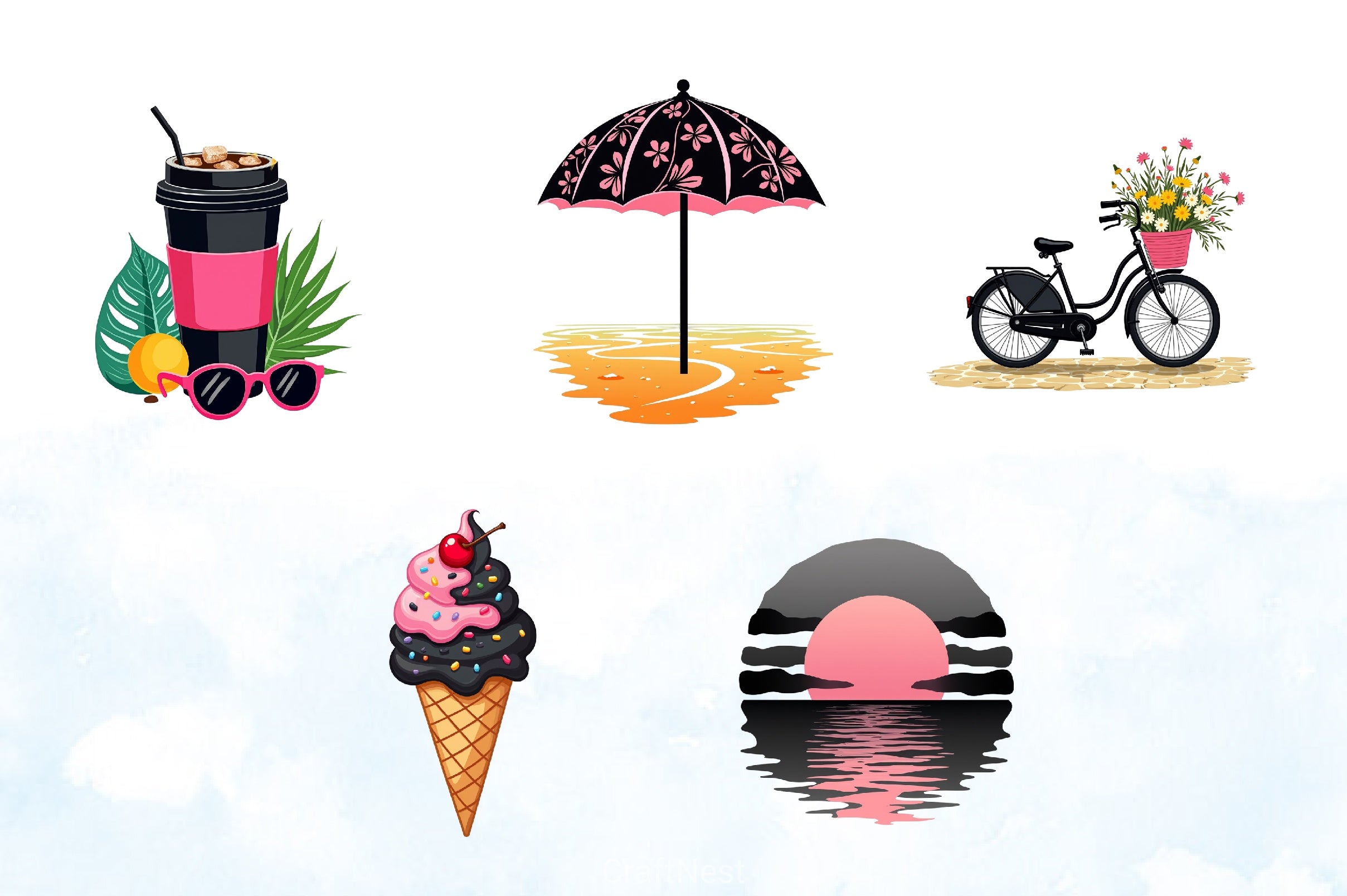 Black & Pink Summer Clipart Bundle - CraftNest - Digital Crafting and Art