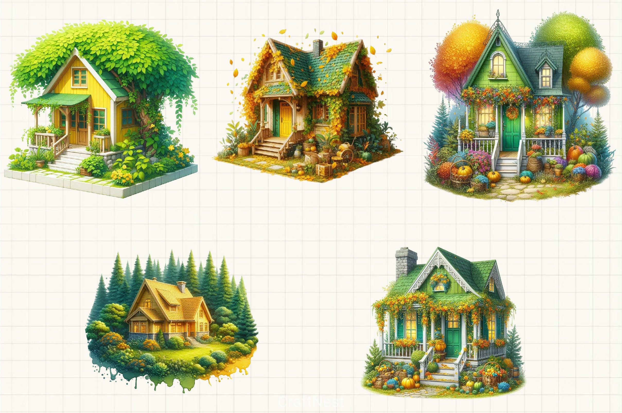 Yellow Green Autumn Village House Clipart Bundle - CraftNest - Digital Crafting and Art