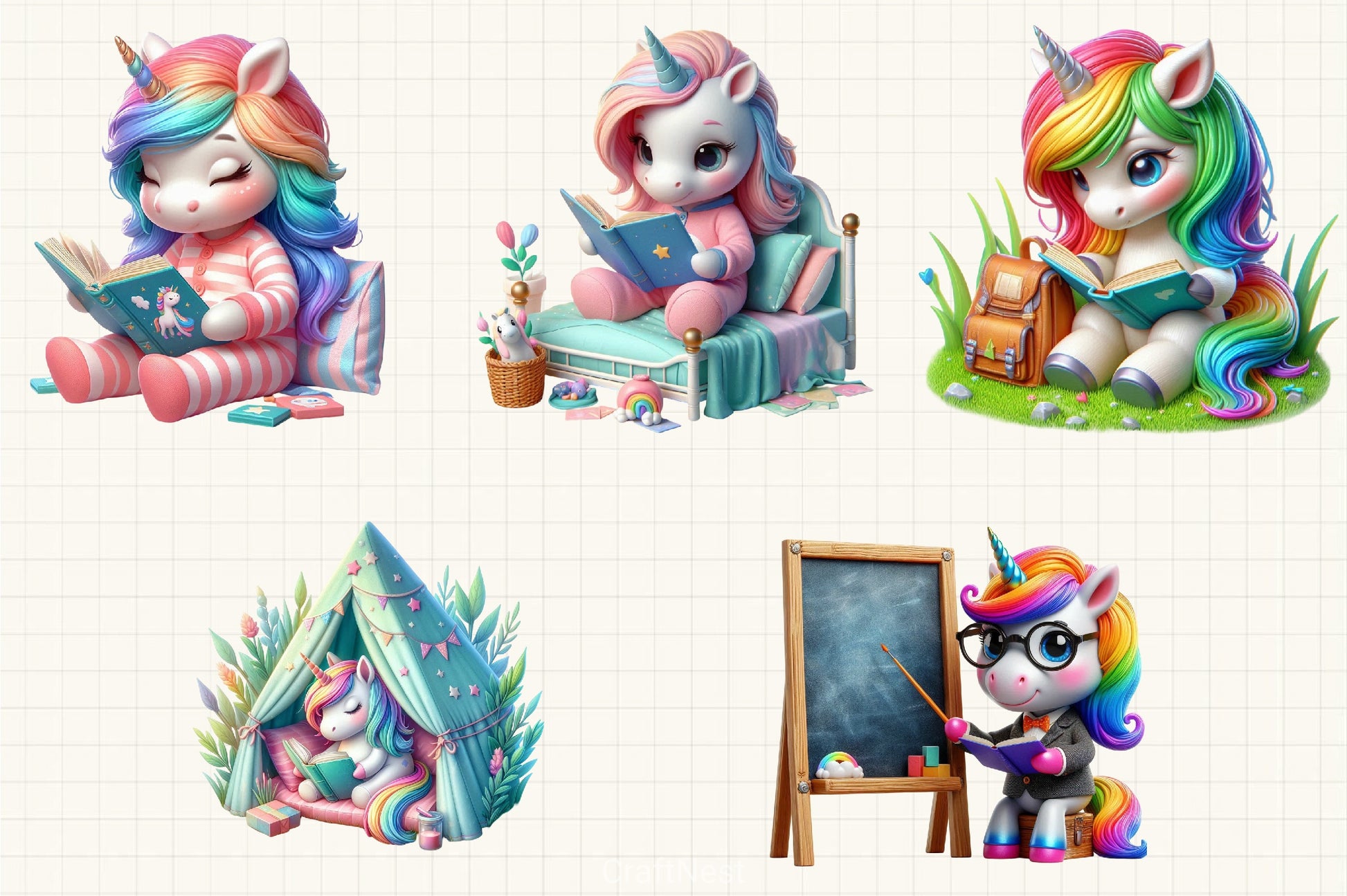 Cute Unicorn Reading Clipart Bundle - CraftNest - Digital Crafting and Art