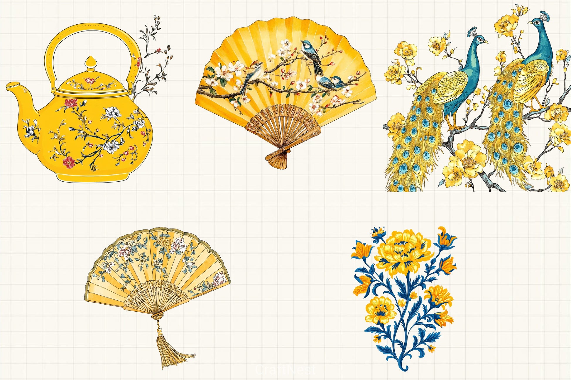 Yellow Chinoiserie Mother's Day Clipart Bundle - CraftNest - Digital Crafting and Art