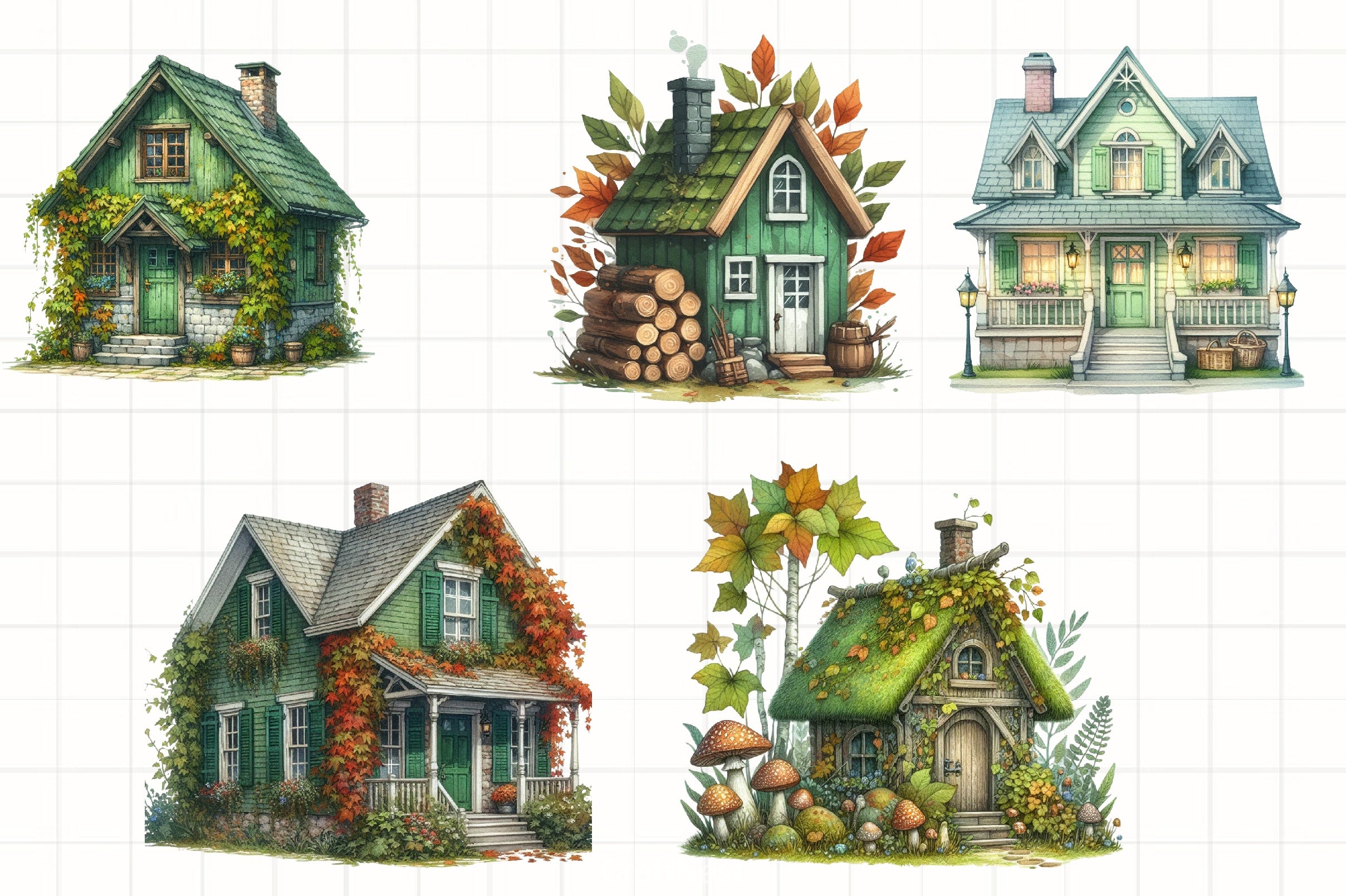Green Autumn Cottage Clipart Bundle - CraftNest - Digital Crafting and Art