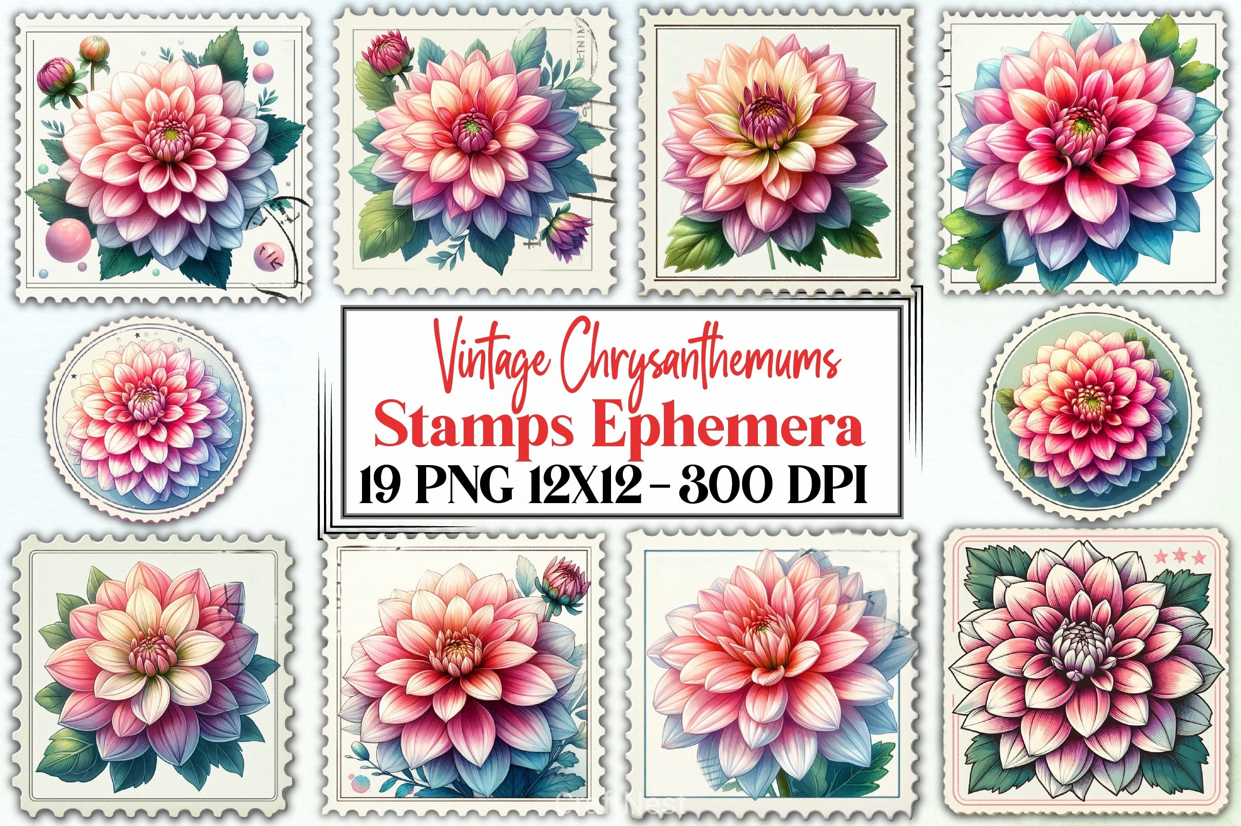 Vintage Chrysanthemums Stamps Clipart Bundle - CraftNest - Digital Crafting and Art