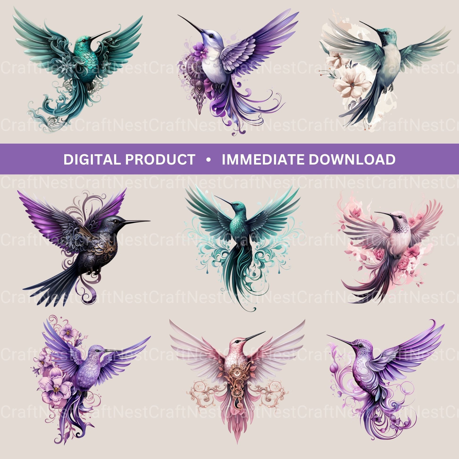 Gothic Hummingbirds Clipart Bundle - CraftNest - Digital Crafting and Art