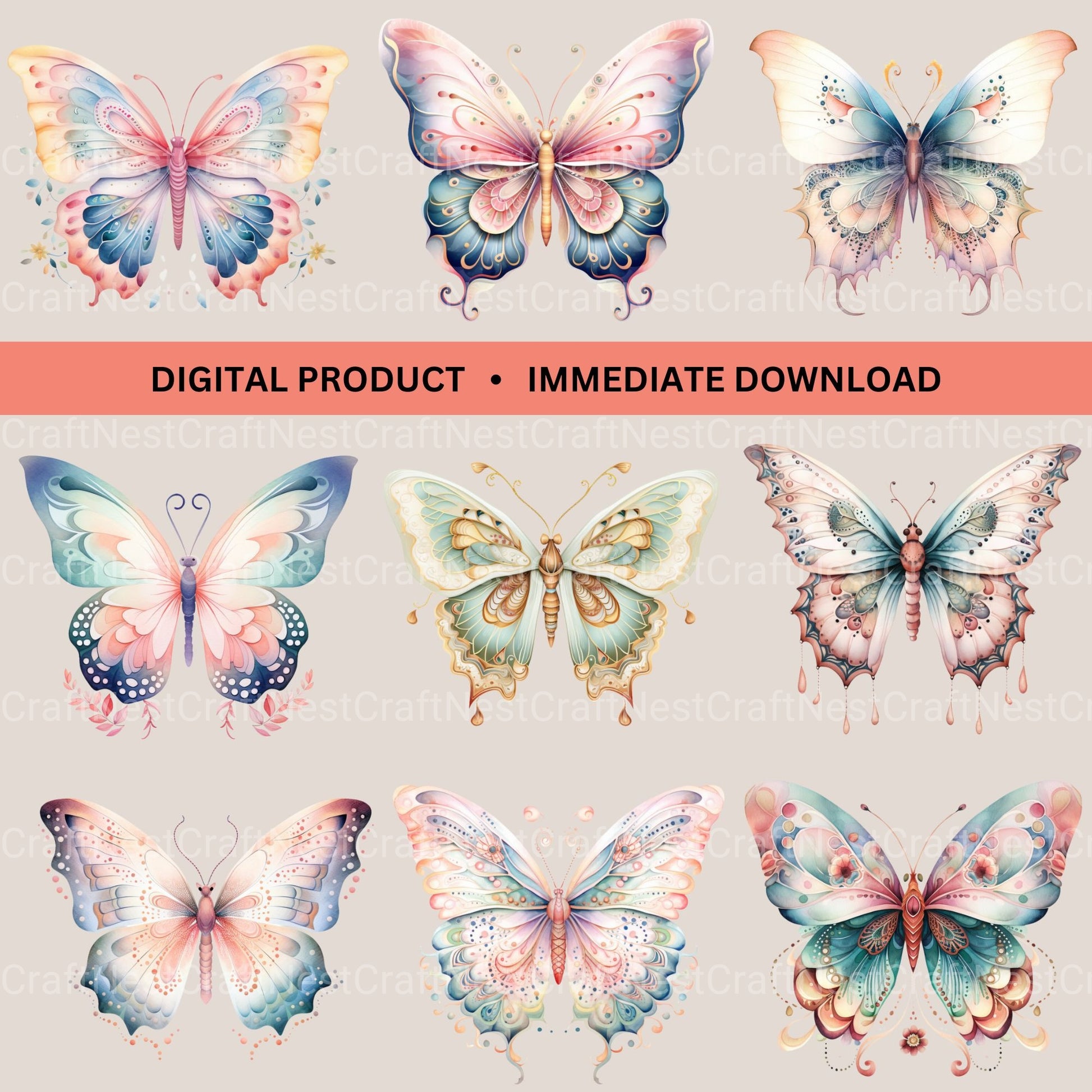 Boho Butterflies Clipart Bundle - CraftNest - Digital Crafting and Art