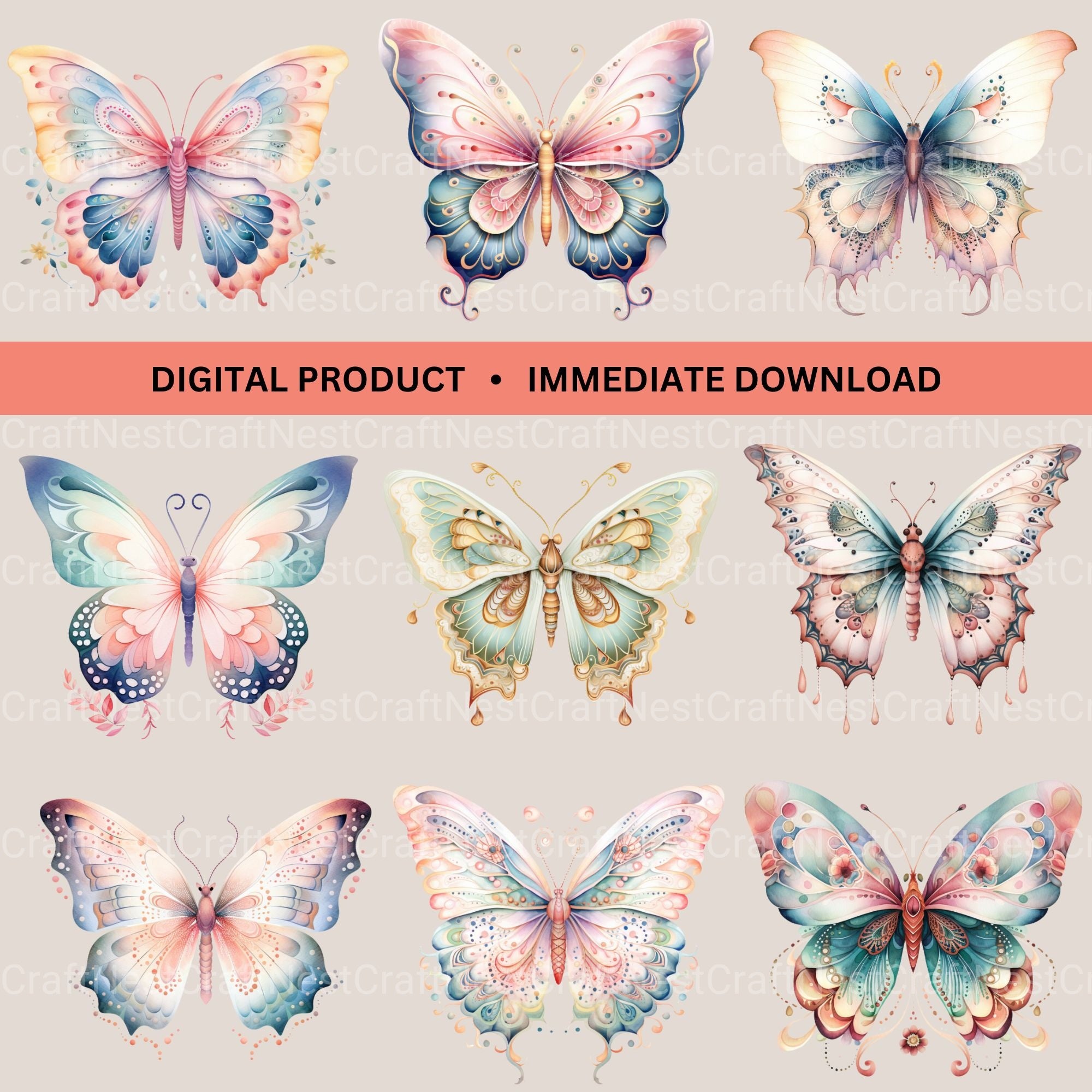 Boho Butterflies Clipart Bundle - CraftNest - Digital Crafting and Art