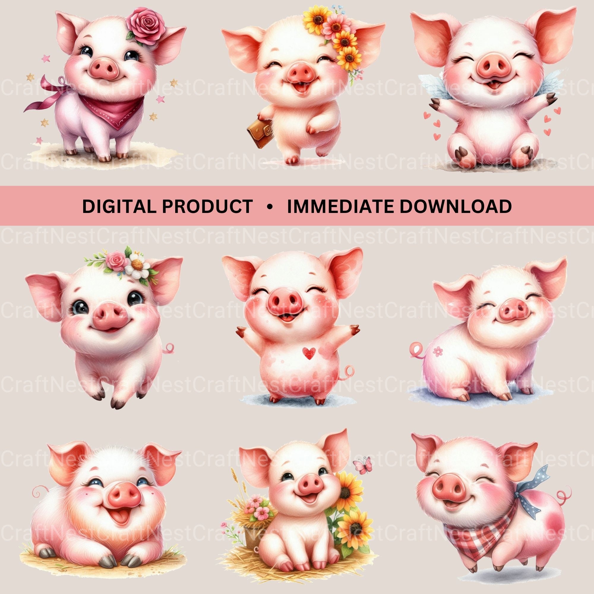 Cute Pigs Clipart Bundle - CraftNest - Digital Crafting and Art