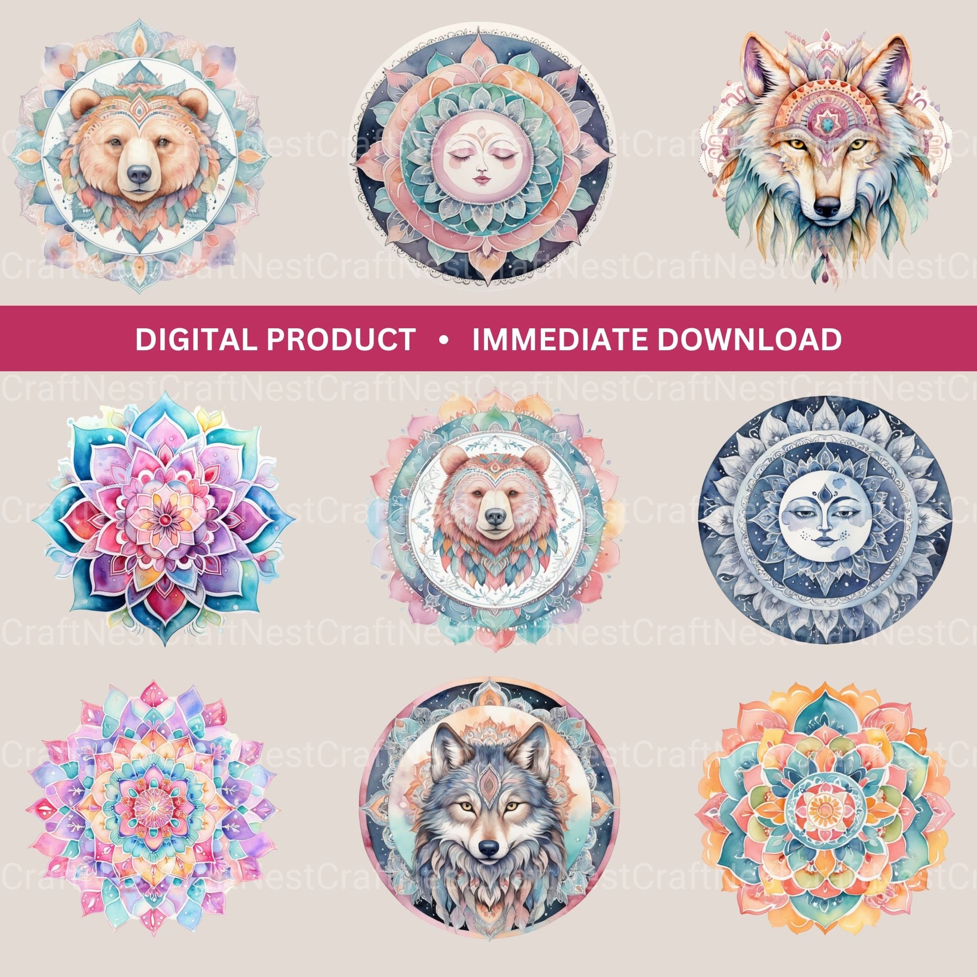 Mandala Wolf Bear Clipart Bundle - CraftNest - Digital Crafting and Art