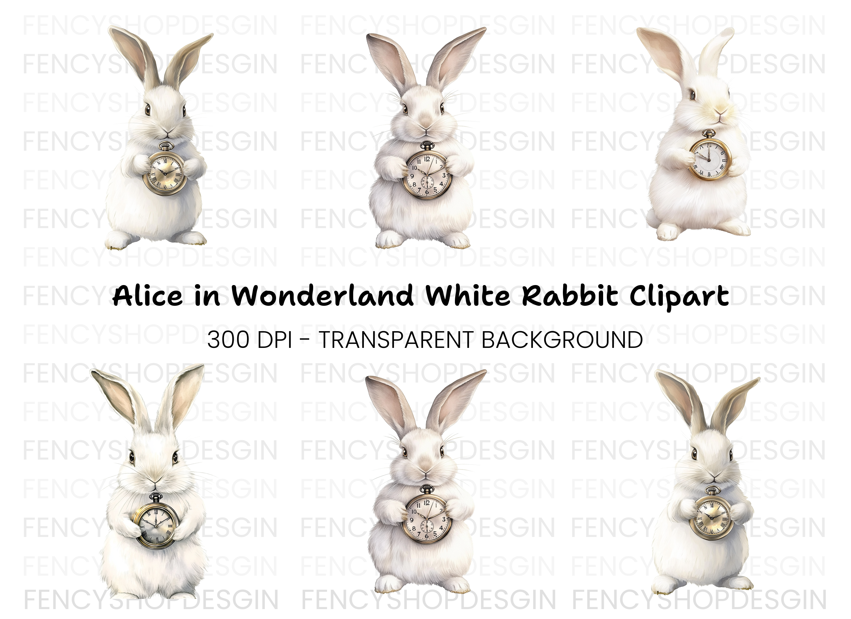 White Rabbit with Pocket Watch Clipart Bundle