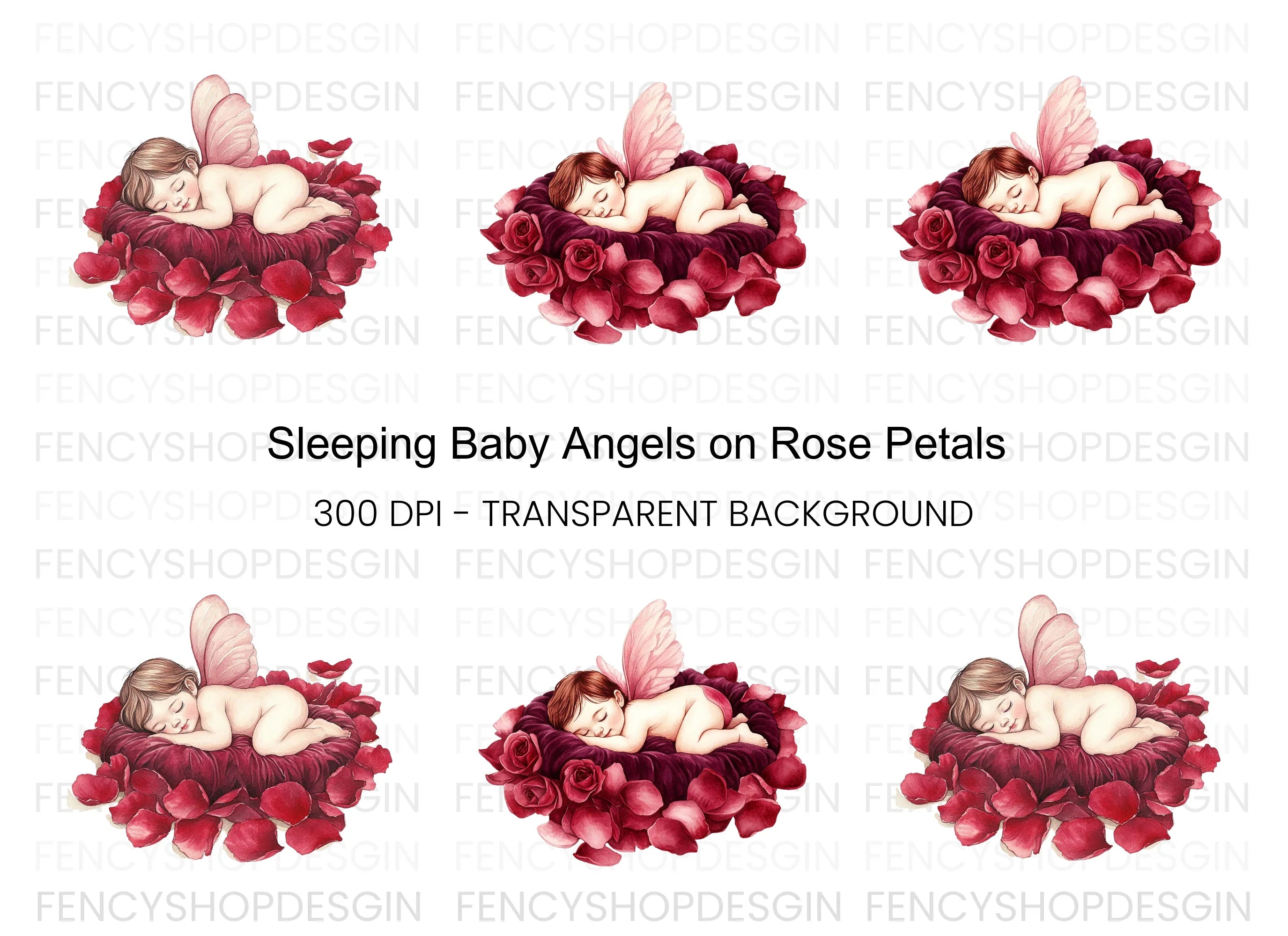 Sleeping Baby Angels on Rose Petals Clipart Bundle