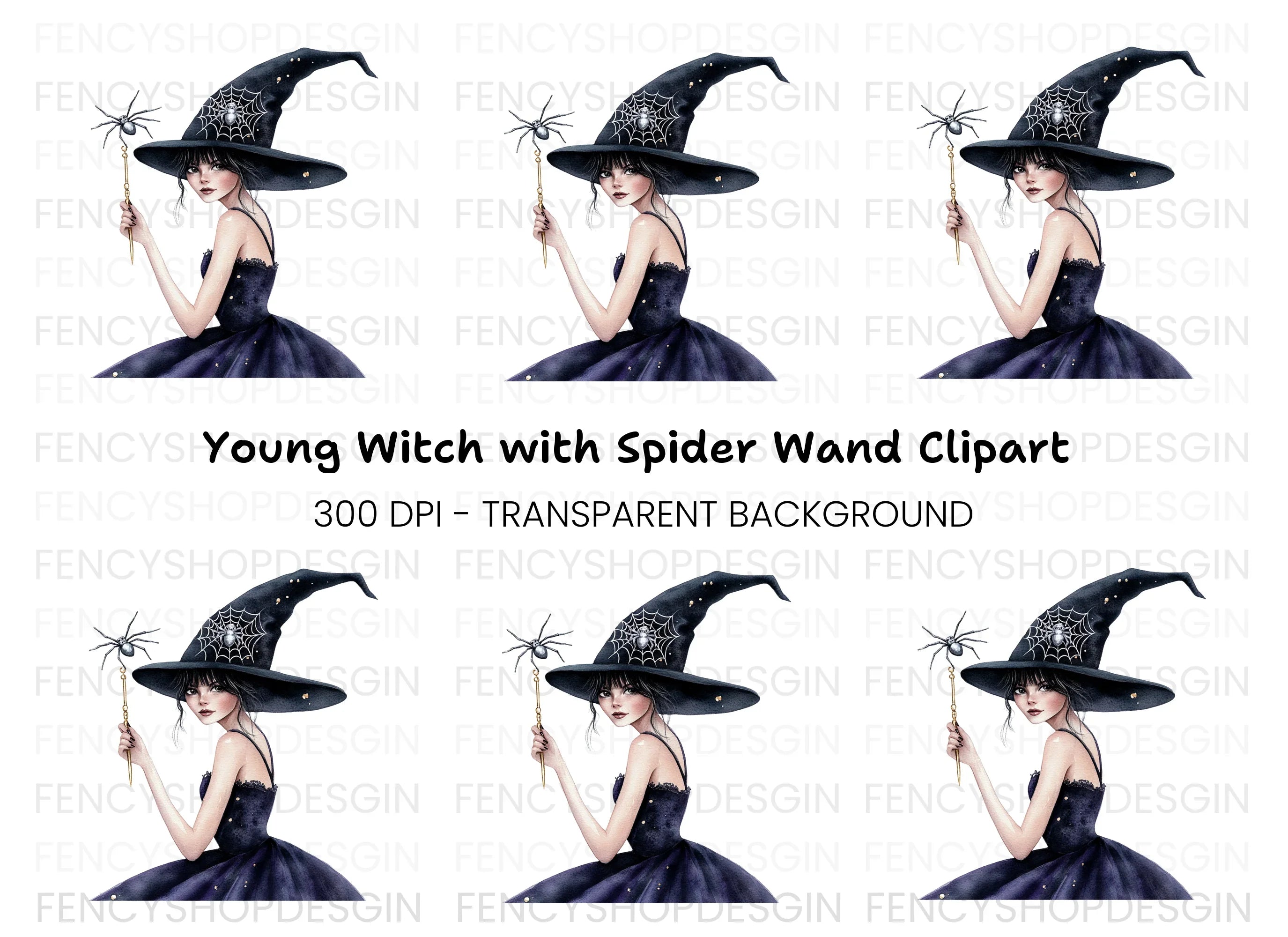 Mystical Witch with Spider Wand Clipart Bundle