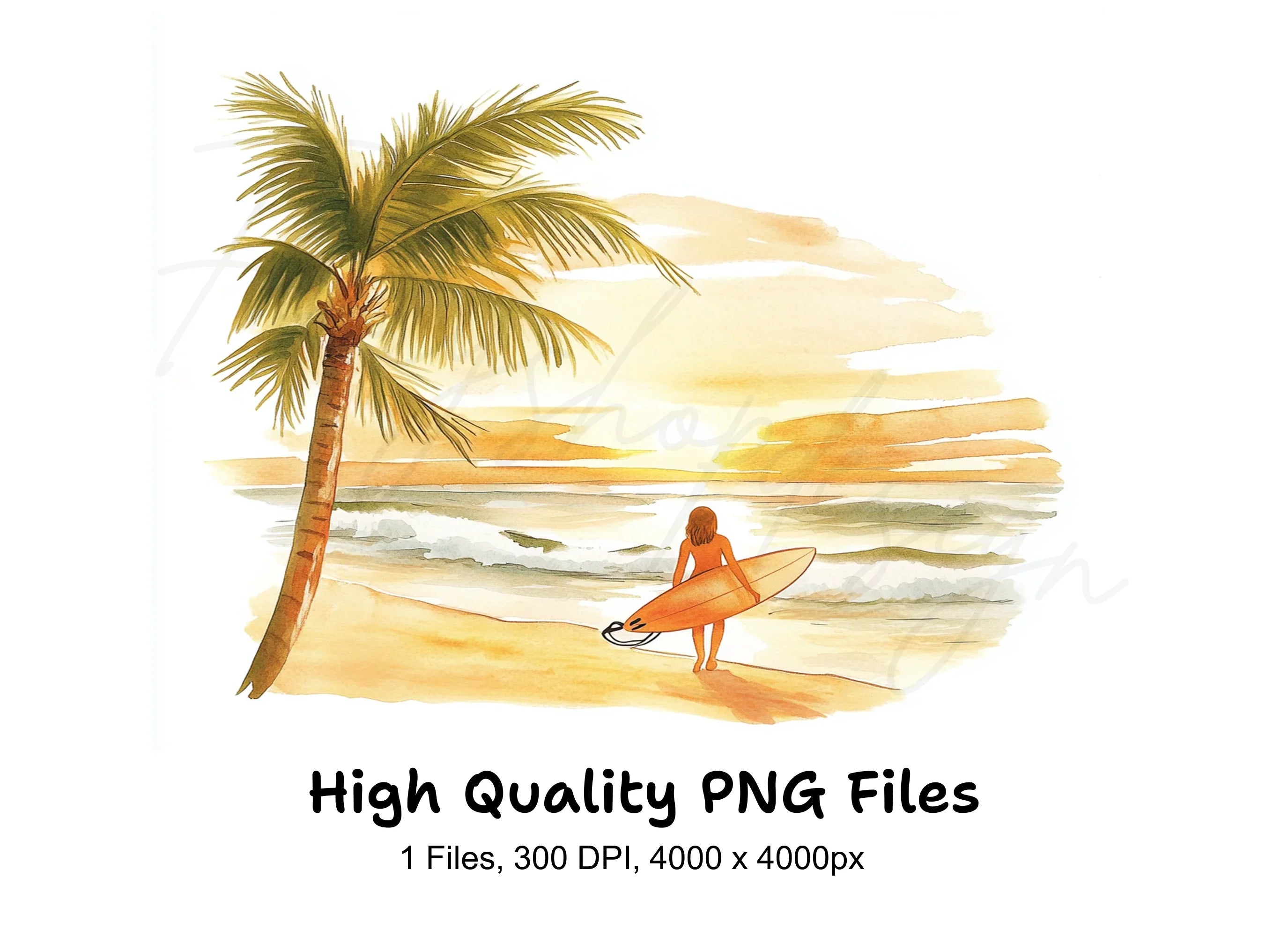 Tropical Beach Sunset Surfer Girl Clipart Bundle
