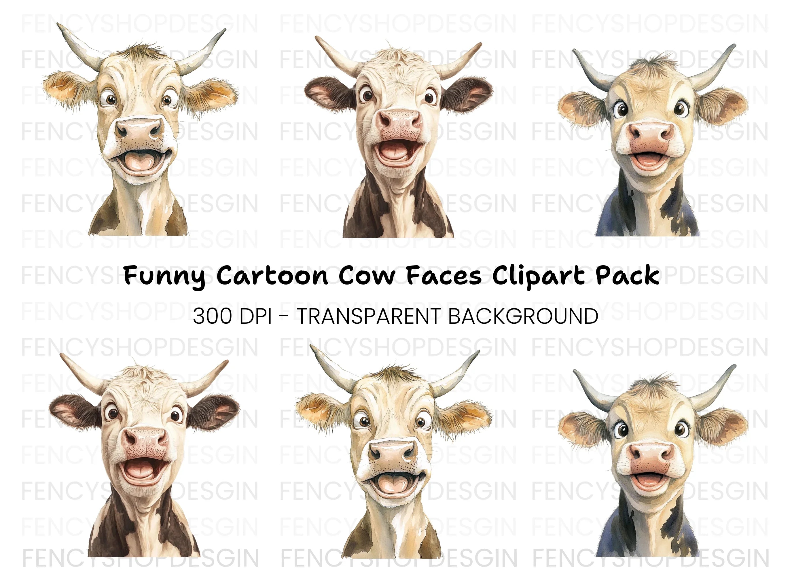 Funny Cartoon Cow Faces Clipart Bundle