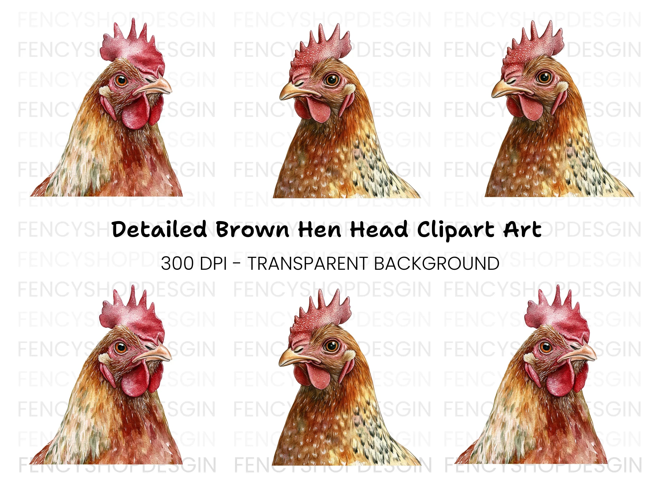 Realistic Brown Chicken Head Clipart Bundle